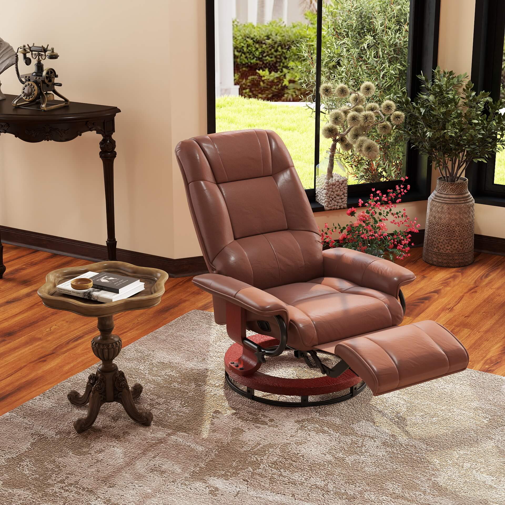 Relaxsessel, 145° neigbar, verstellbare Fußstütze, Kunstleder, 360° drehbar, bis 120 kg, Braun
