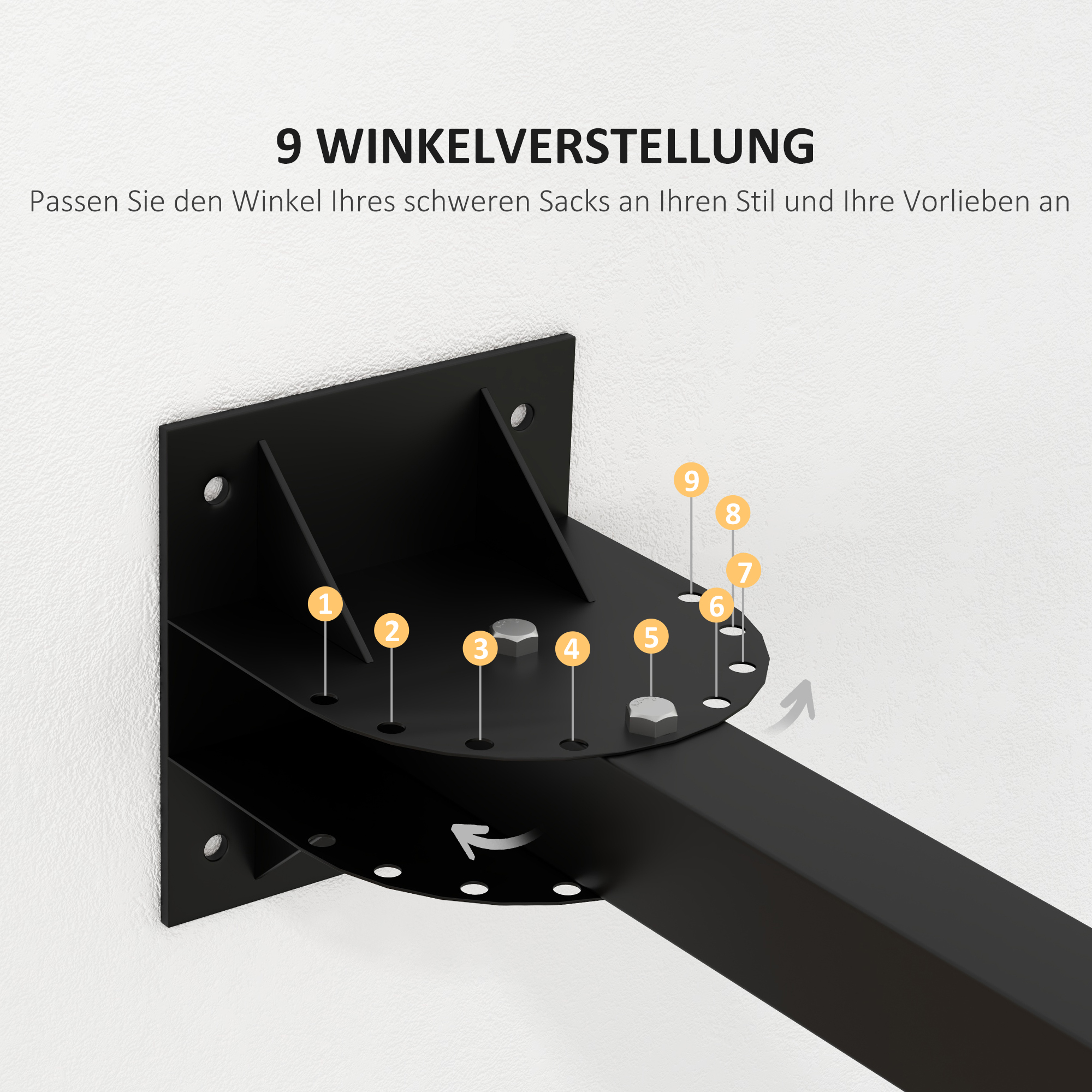 Boxsackhalterung, Wandmontage, 9 Winkel, Stahl, bis 100 kg, Schwarz