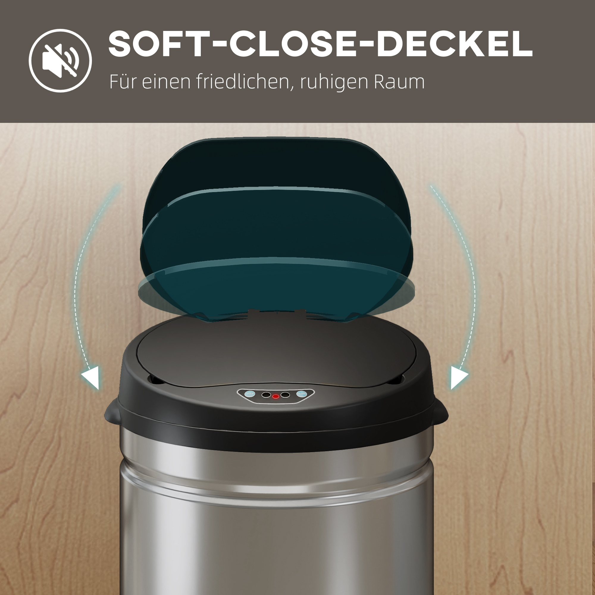 50 Liter Sensor-Mülleimer mit Soft-Close-Funktion, berührungsfreier Abfalleimer aus Edelstahl für hygienische Küchen, Büros, Silberfarben