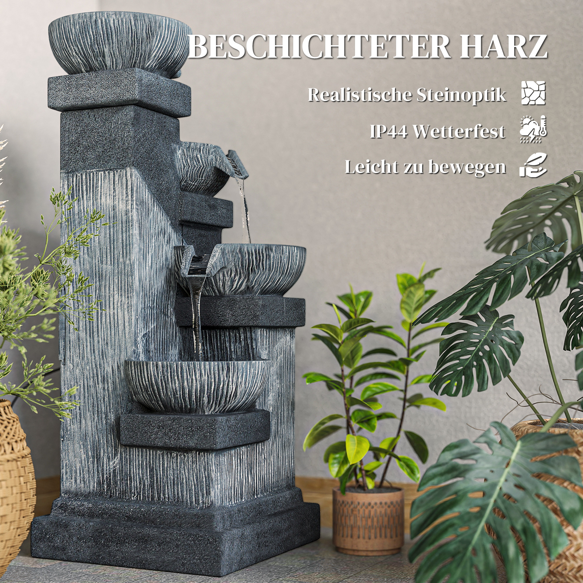 85 cm Outdoor-Brunnen, 4-stufiger Zierbrunnen, künstlicher Wasserfall mit LED-Beleuchtung und Pumpe, Grau