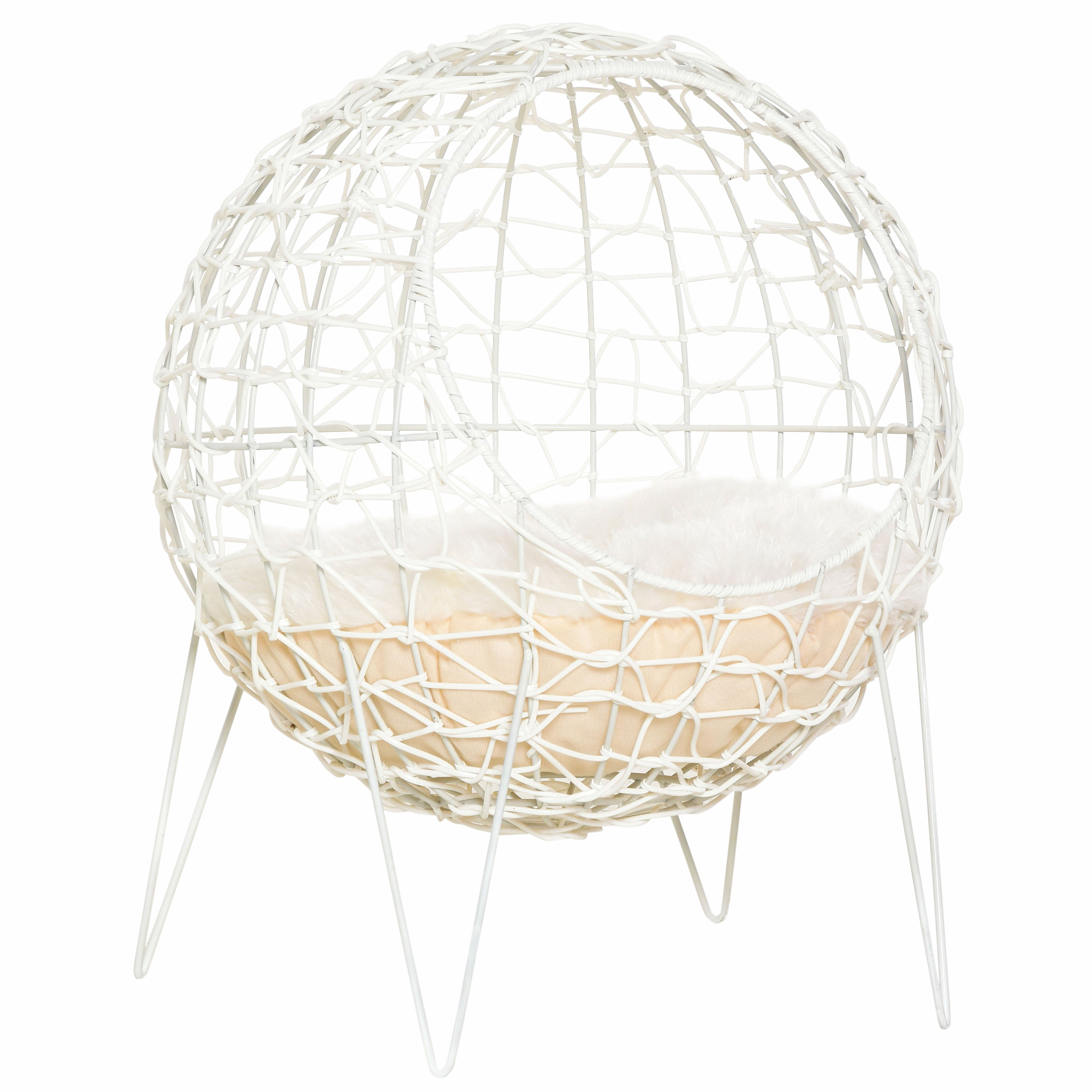 Rattan Katzenkorb Katzenhöhle Katzenhütte Katzenbett mit Kissen erhöhtes Design Haustierbett Cremeweiß Ø45 x 57H cm