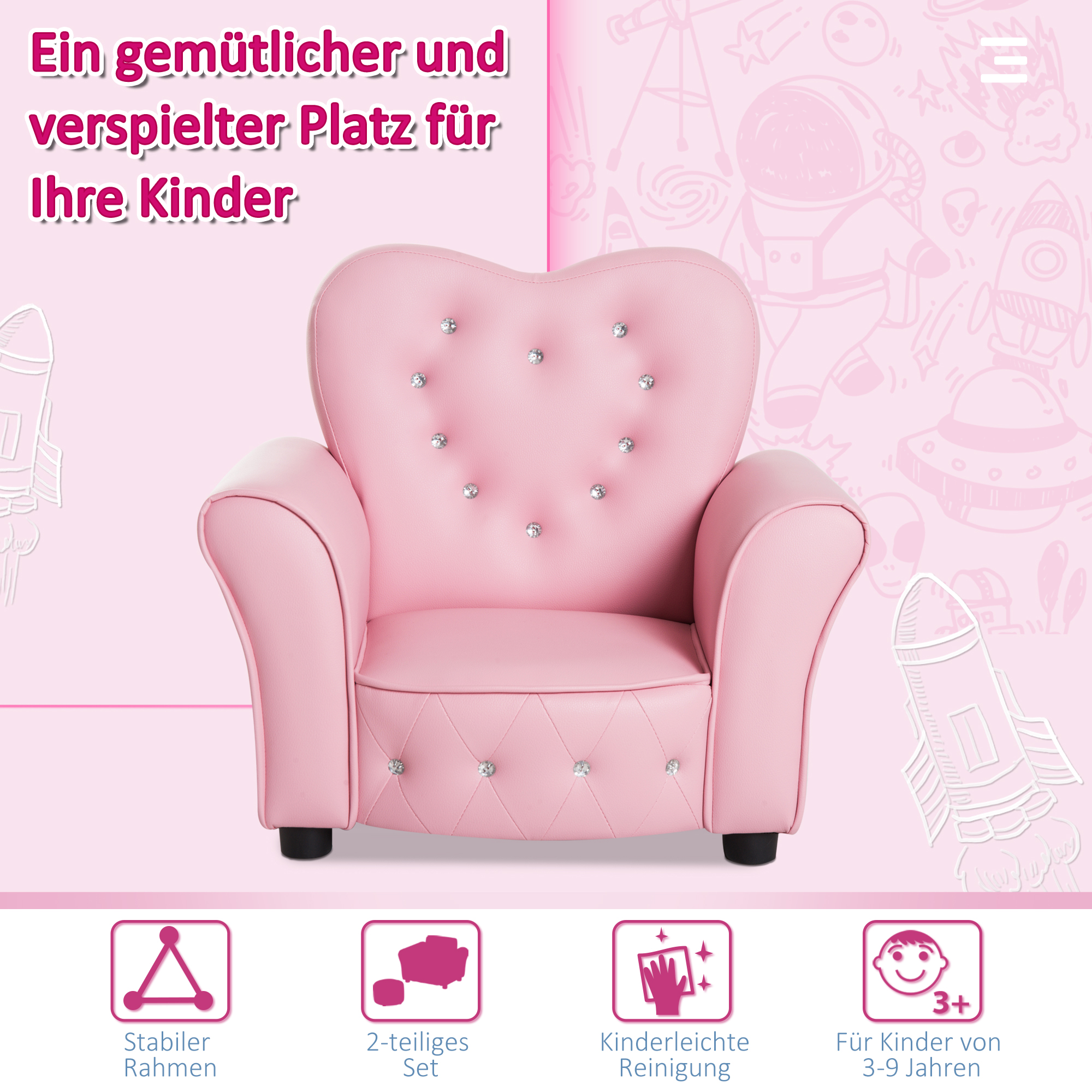 Kindersessel Kindersofa, massiven Holzfüßen Sessel aus Schaumstoff Kinderstuhl für Kinderzimmer, Spielzimmer, 59 x 41,5 x 49 cm, für Kinder 1,5-3 Jahre Rosa
