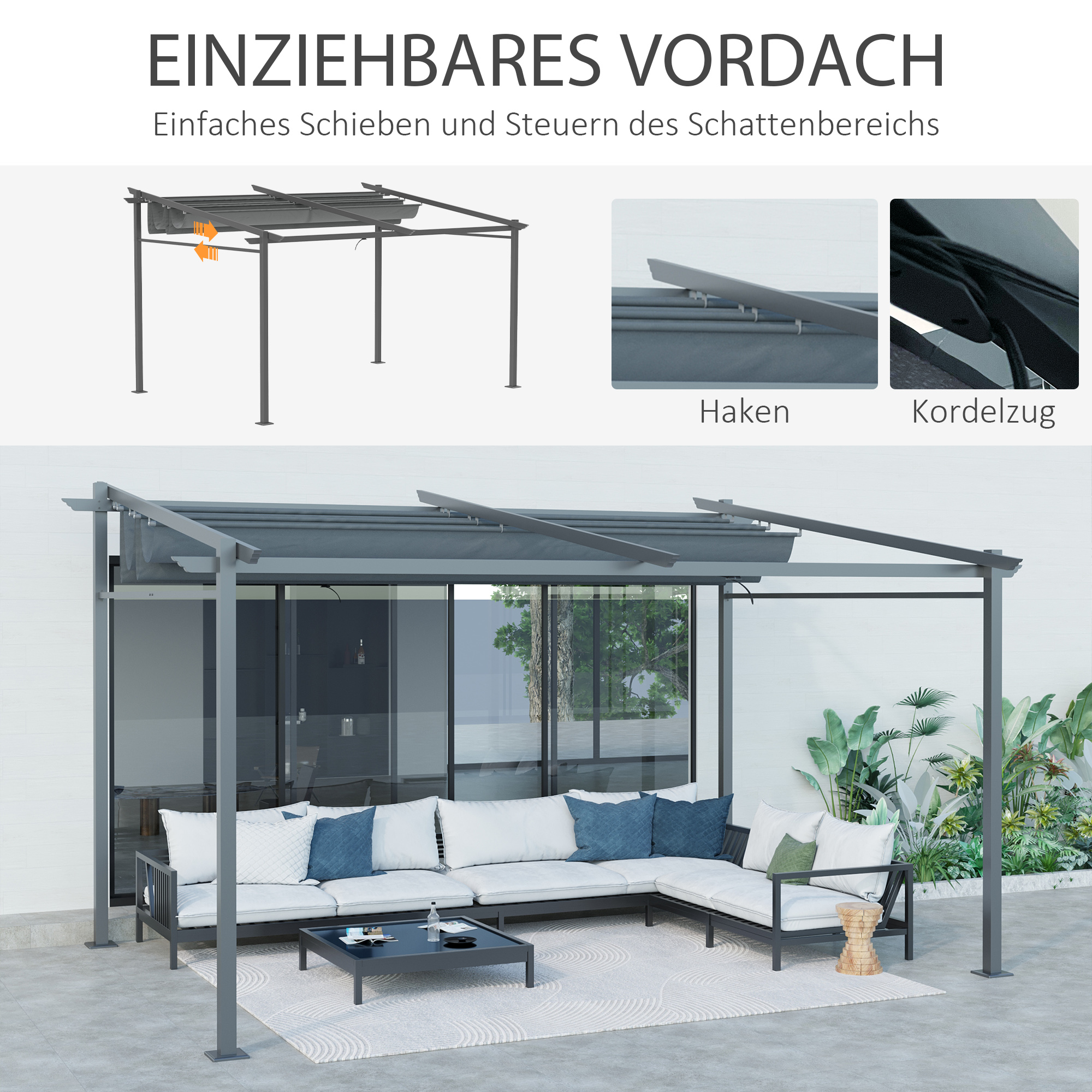 Pergola, inklusive Befestigungsmaterial, ausziehbares Dach, 3,97 m x 2,95 m x 2,3 m, Dunkelgrau