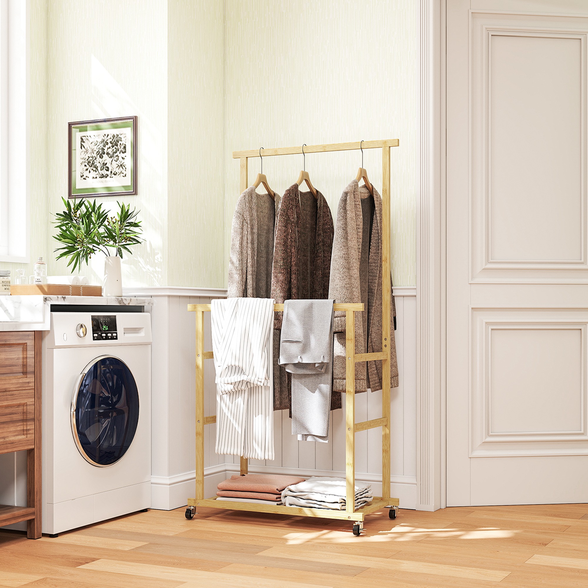 Kleiderständer mit Rollen, Garderobenständer mit Kleiderstange, Schuhablage, aus Bambus, 80 x 40 x 160 cm, Natur