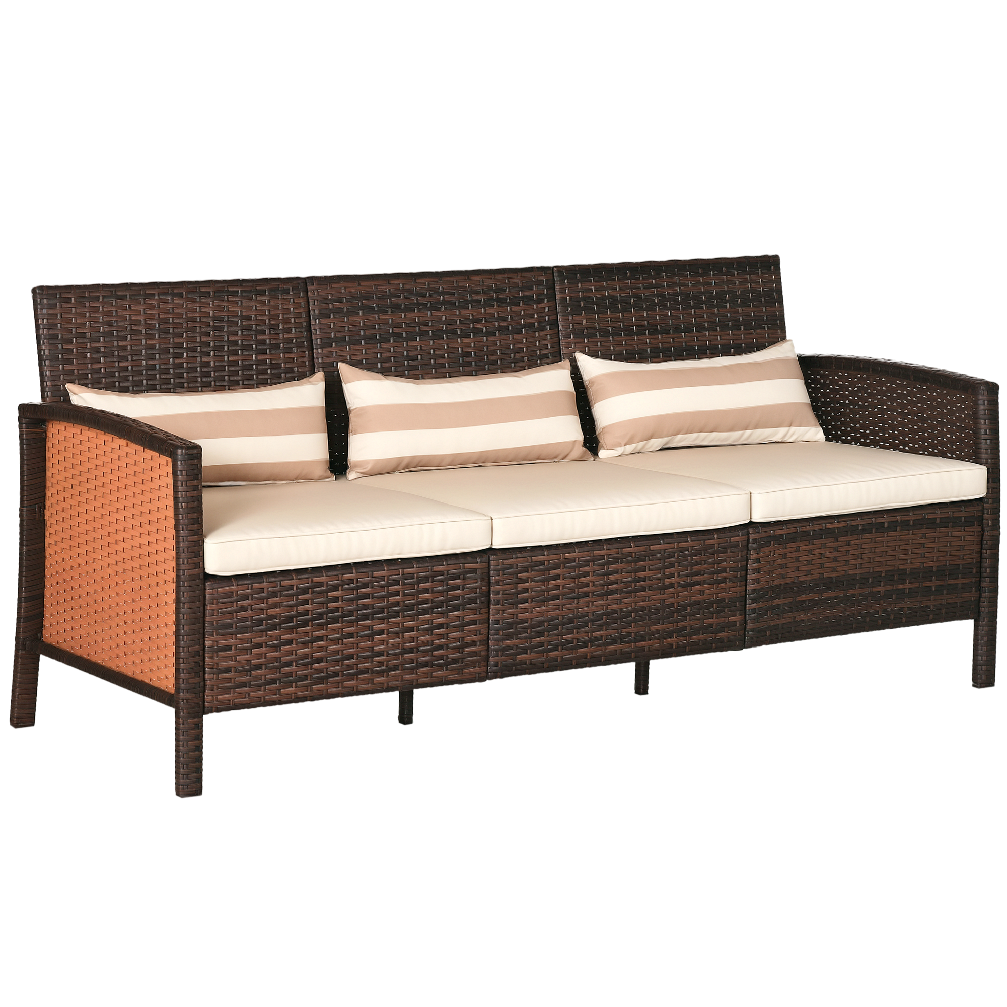Rattan Sofa mit Kissen, Dreisitzer, Garten Loungesofa, Stahl, Braun, 173 x 68 x 78 cm
