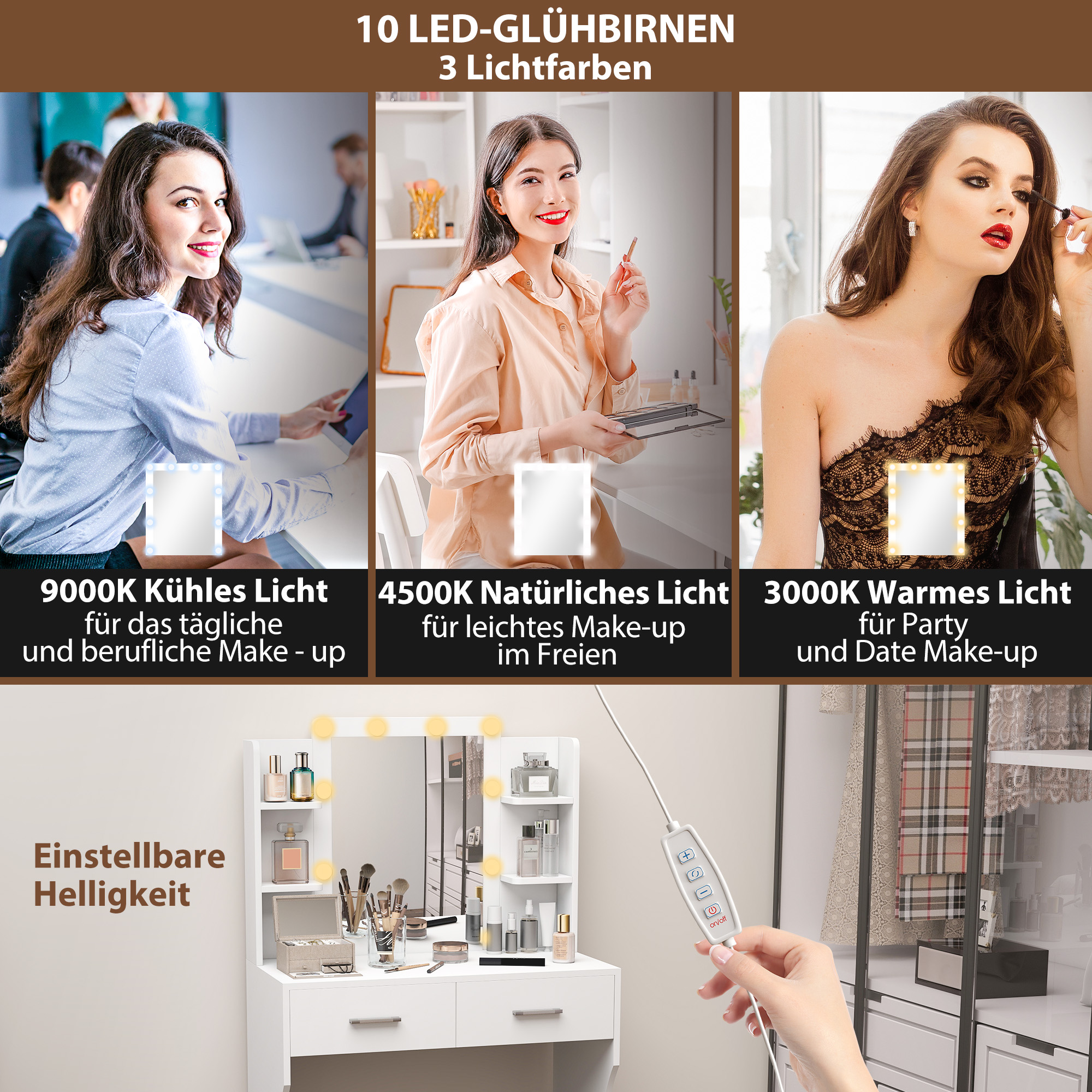 Schminktisch mit Spiegel und dimmbaren LED-Lampen, Schubladen, Regale, Weiß