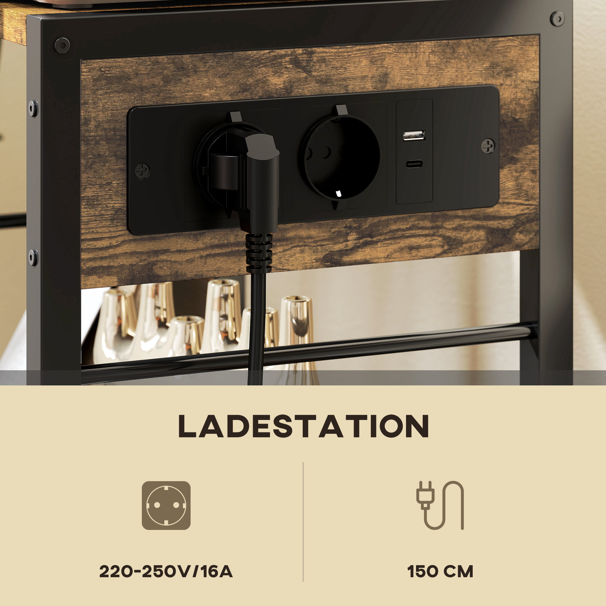 Druckerständer Druckeregal mit Rollen, Steckdosen, USB- und USB-C-Anschlüsse bis 40 kg Rustikalbraun