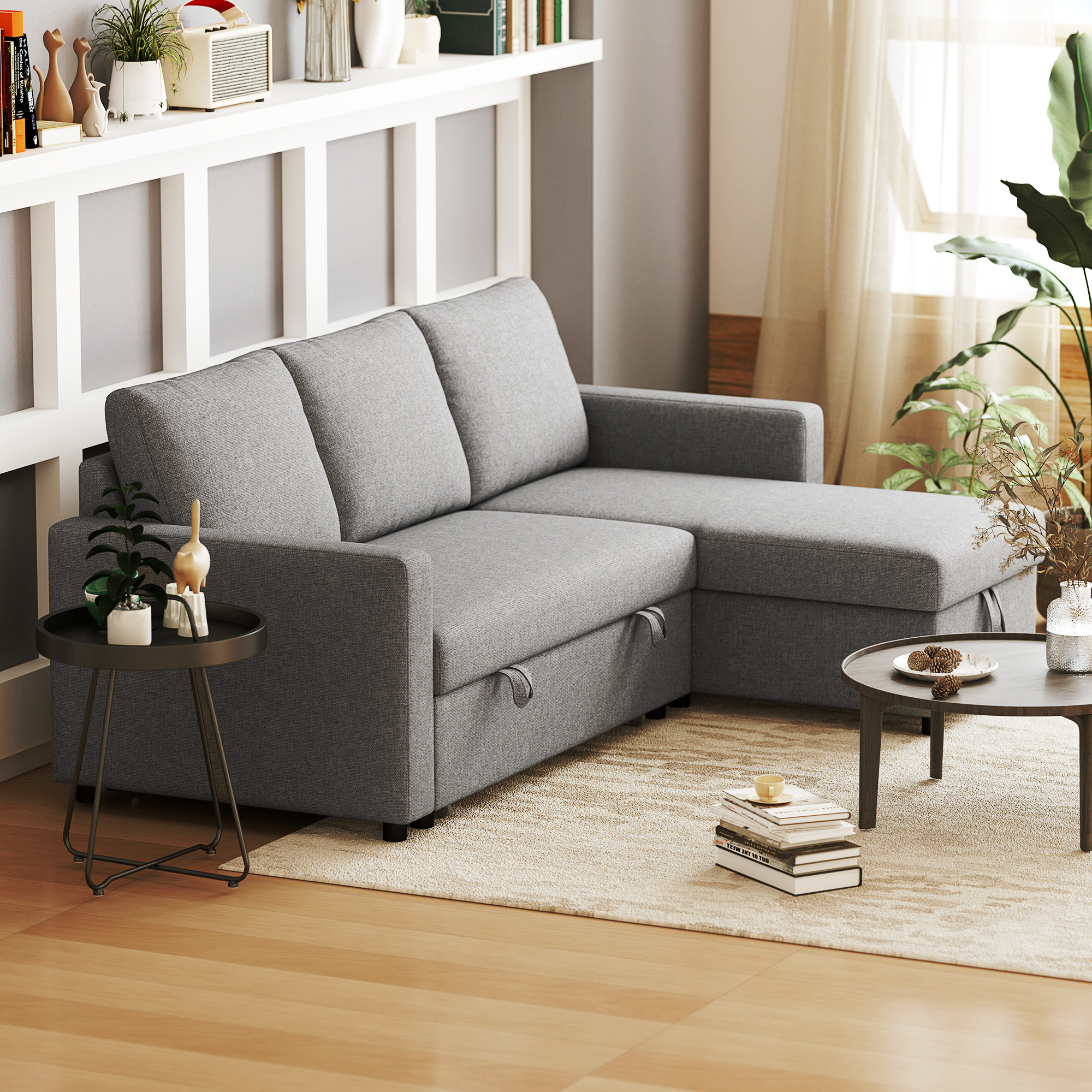 Ecksofa mit Schlaffunktion Stauraum Eckcouch mit Bettkasten Chaiselongue Schlafsofa Stoffsofa L-Form Leinen-Touch Hellgrau 211,5 x 146 x 85 cm
