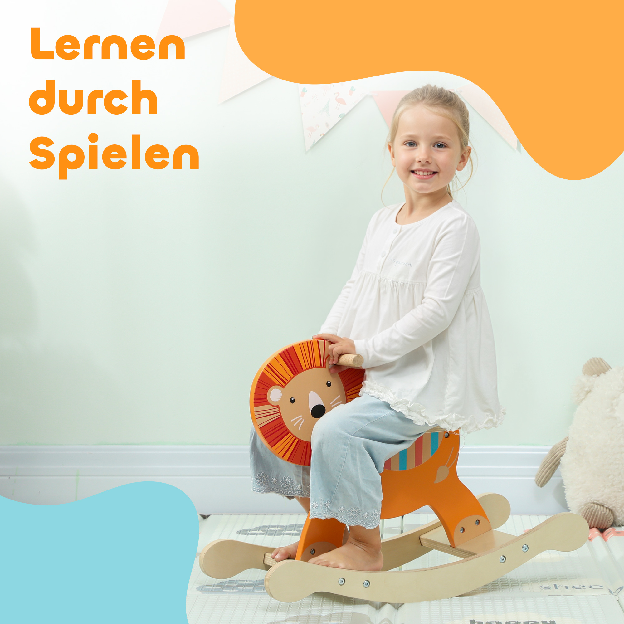 Schaukelpferd mit Löwen-Design, 25 kg Belastbarkeit, 2-5 Jahre, Holz, Orange