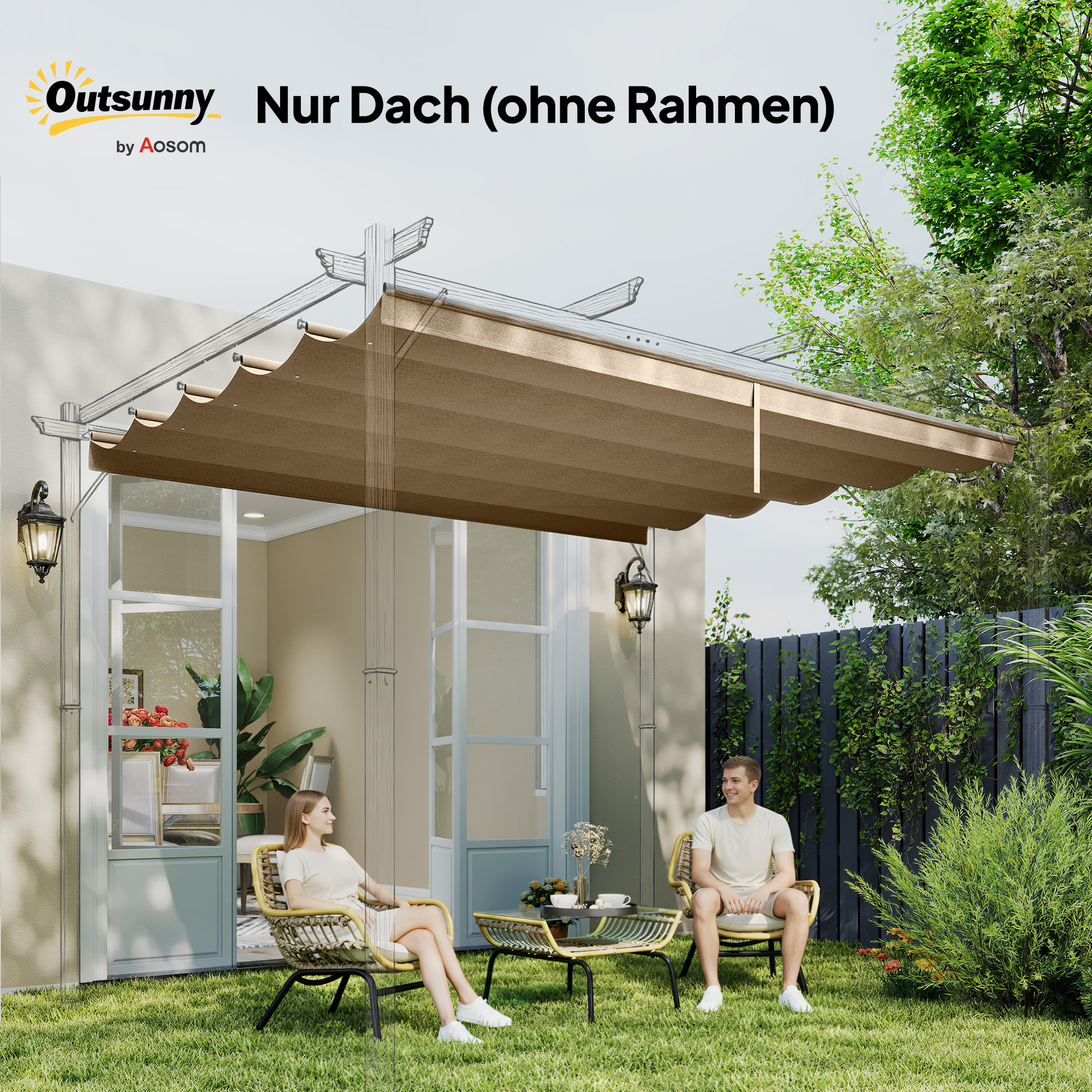 Ersatzdach für 3 x 3 m Pergola, einziehbar, mit Regenabflusslöchern, wetterfest, Polyester, Braun