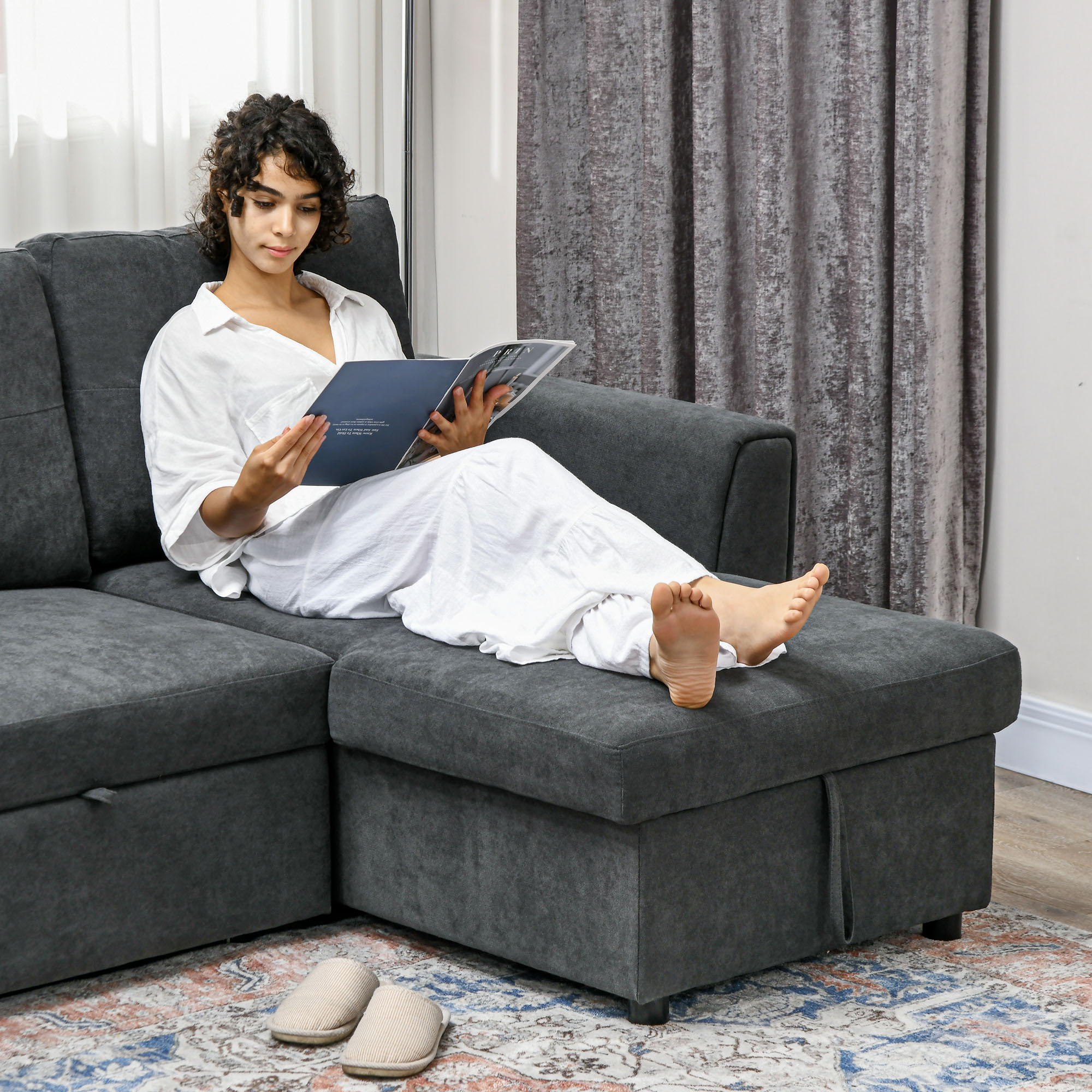 3-Sitzer-Sofa mit Bettfunktion, Schlafsofa mit Chaiselongue, Polstersofa, Dunkelgrau