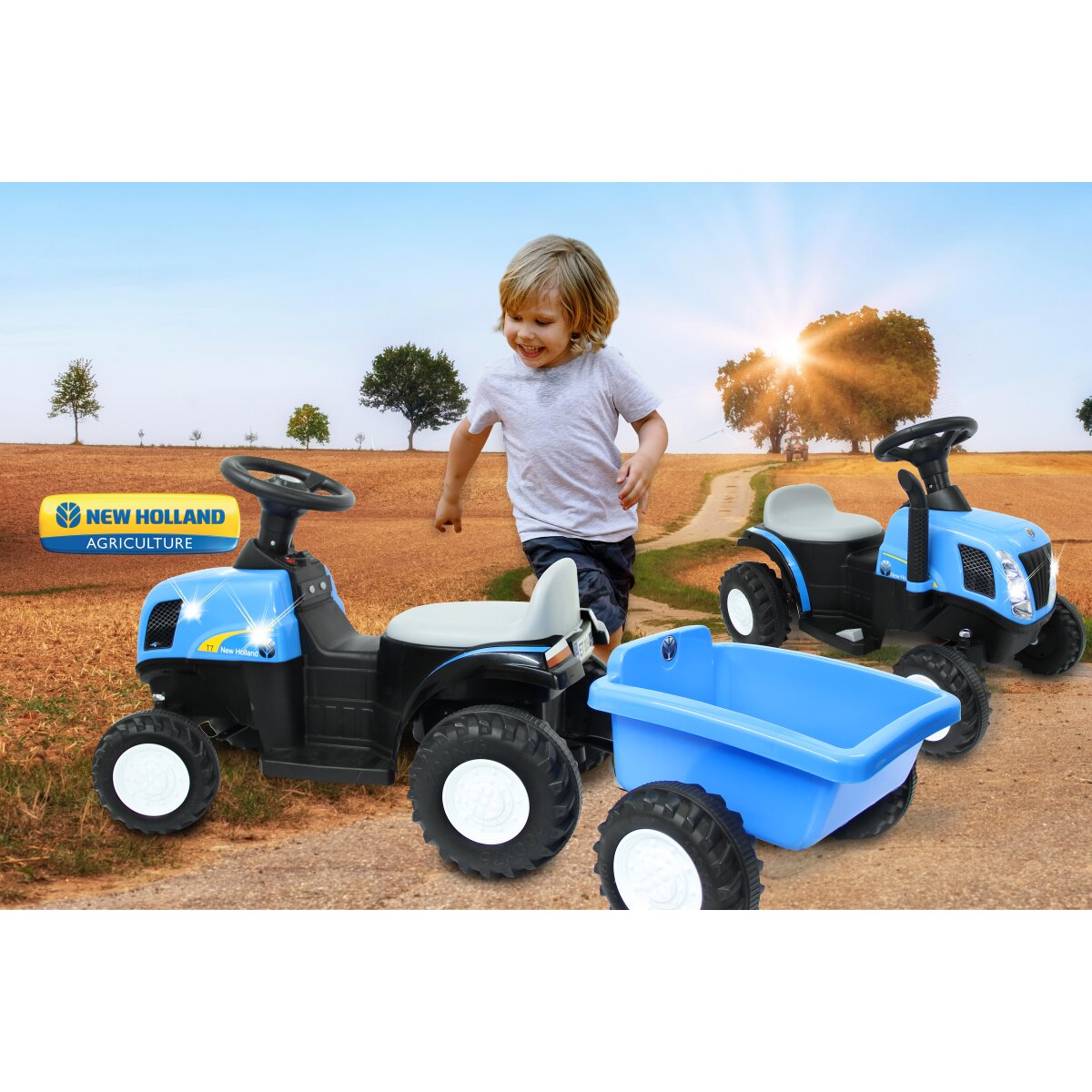 Kinderfahrzeug Traktor New Holland mit Anhänger blau