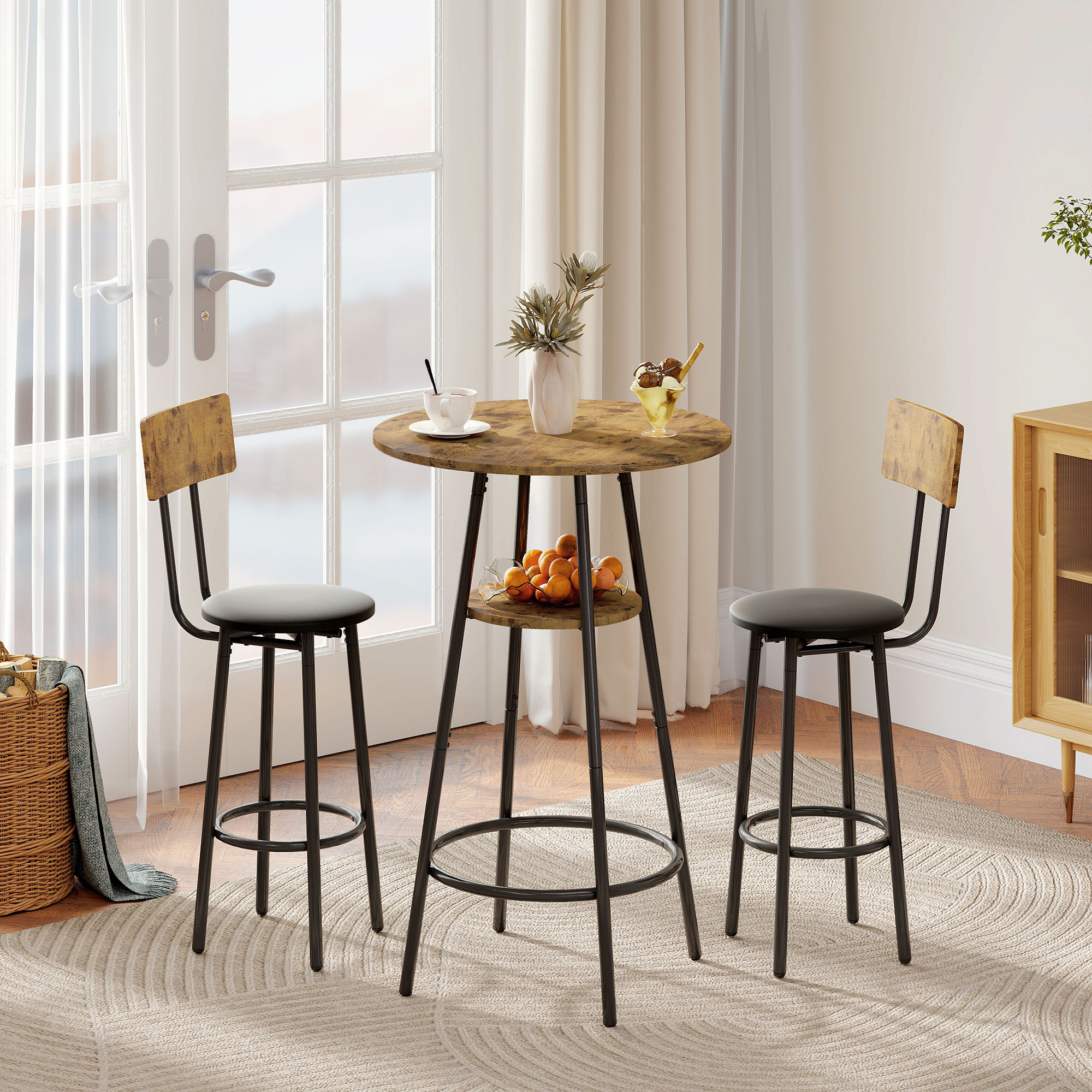 3-teiliges Bartisch-Set mit 2 gepolsterten Hockern, Kunstleder-Bezug, Rückenlehne, Metallgestell, Braun