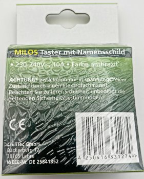 MILOS Taster mit Namensschild, Anthrazit, 0-250V~/ 10A, inkl. Rahmen, UP