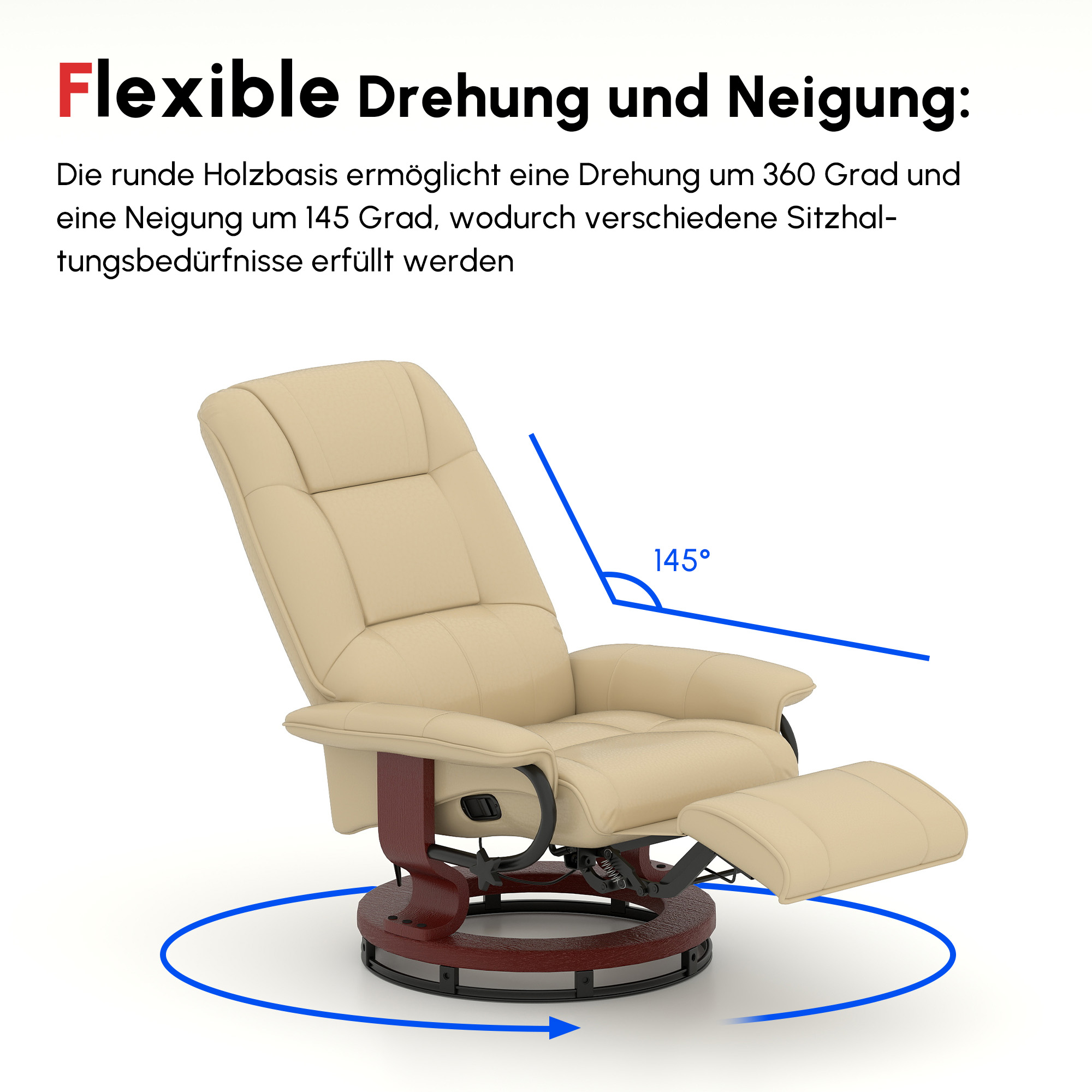 Relaxsessel, verstellbar, Liegefunktion, bis 120 kg, Kunstleder, 78 x 87 x 100 cm, Creme