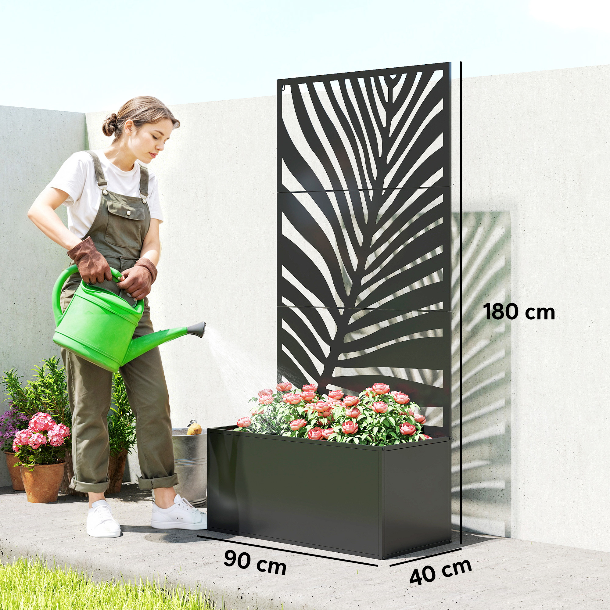 Hochbeet Pflanzkasten mit Sichtschutz Pflanzkübel Blumenkasten Metall, Gartenspalier 90 x 40 x 180 cm Schwarz