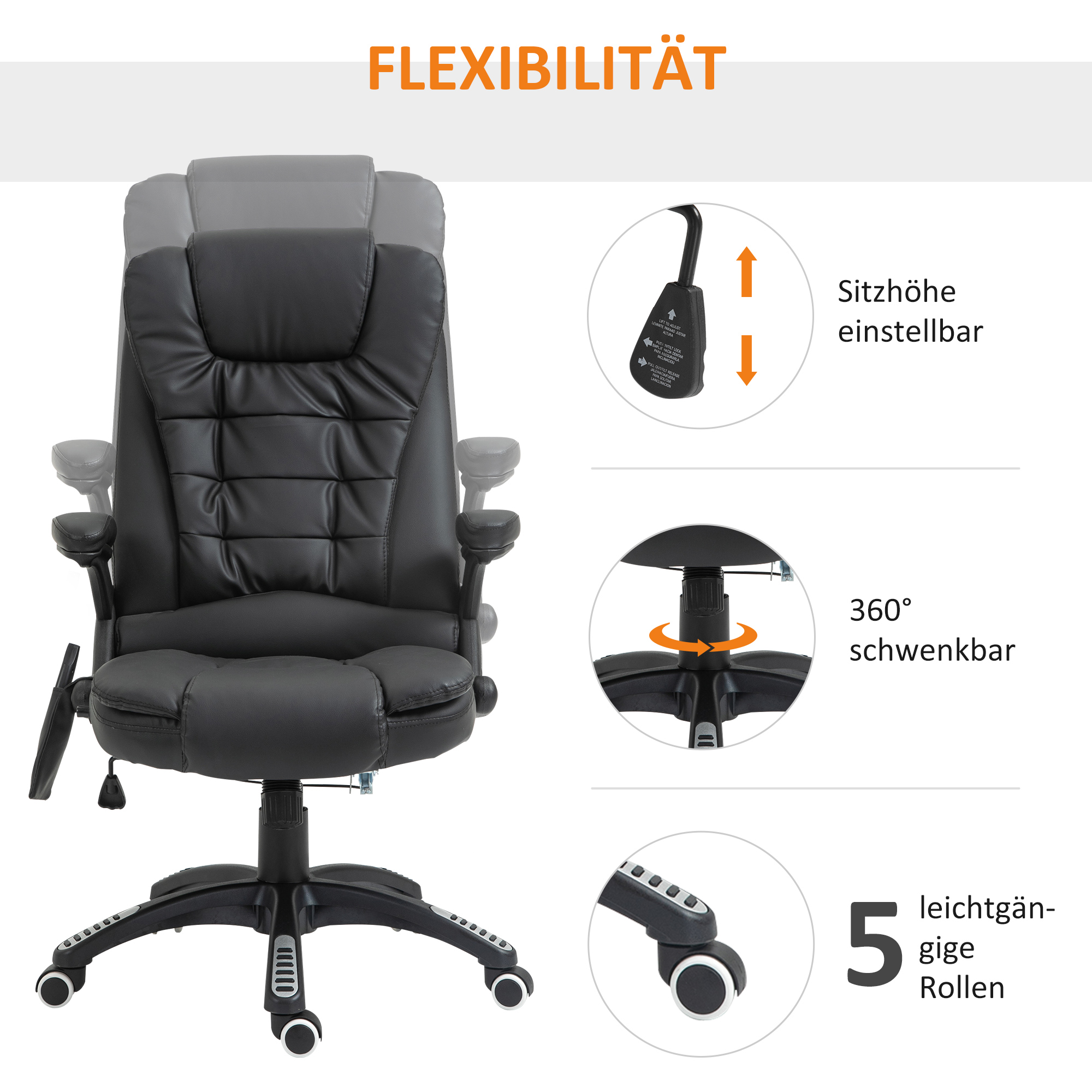 Massagesessel Bürostuhl, Chefsessel mit 6-Punkt-Vibrationsmassage und Wärmefunktion, drehbar Gaming-Stuhl, Kunstleder, 70 x 70 x 111-121 cm, Schwarz