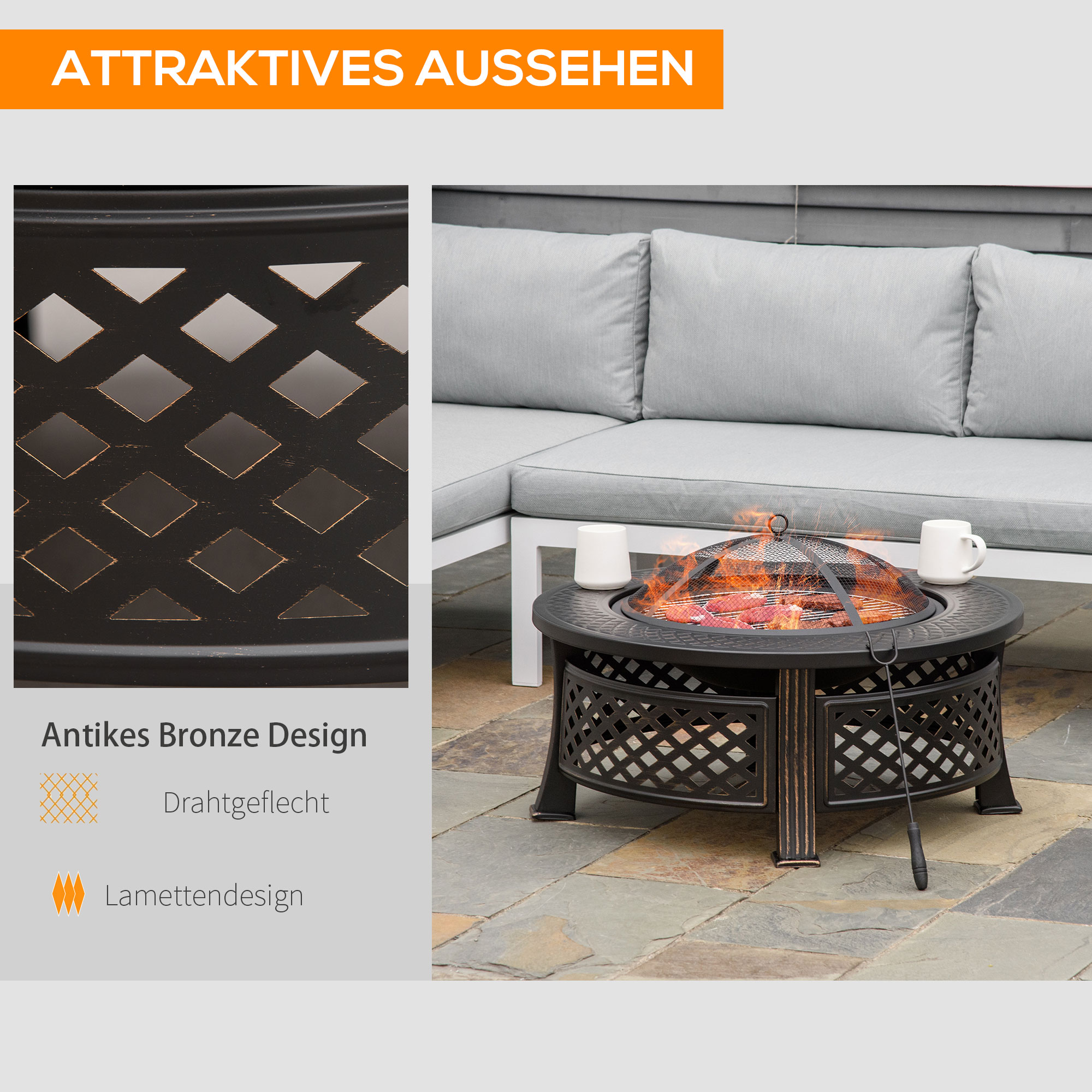 Feuerschale mit Schürhaken Funkenschutz Feuerkorb Feuertisch rund Feuerstelle für Garten Camping BBQ Stahl Schwarz 81 x 81 x 50 cm