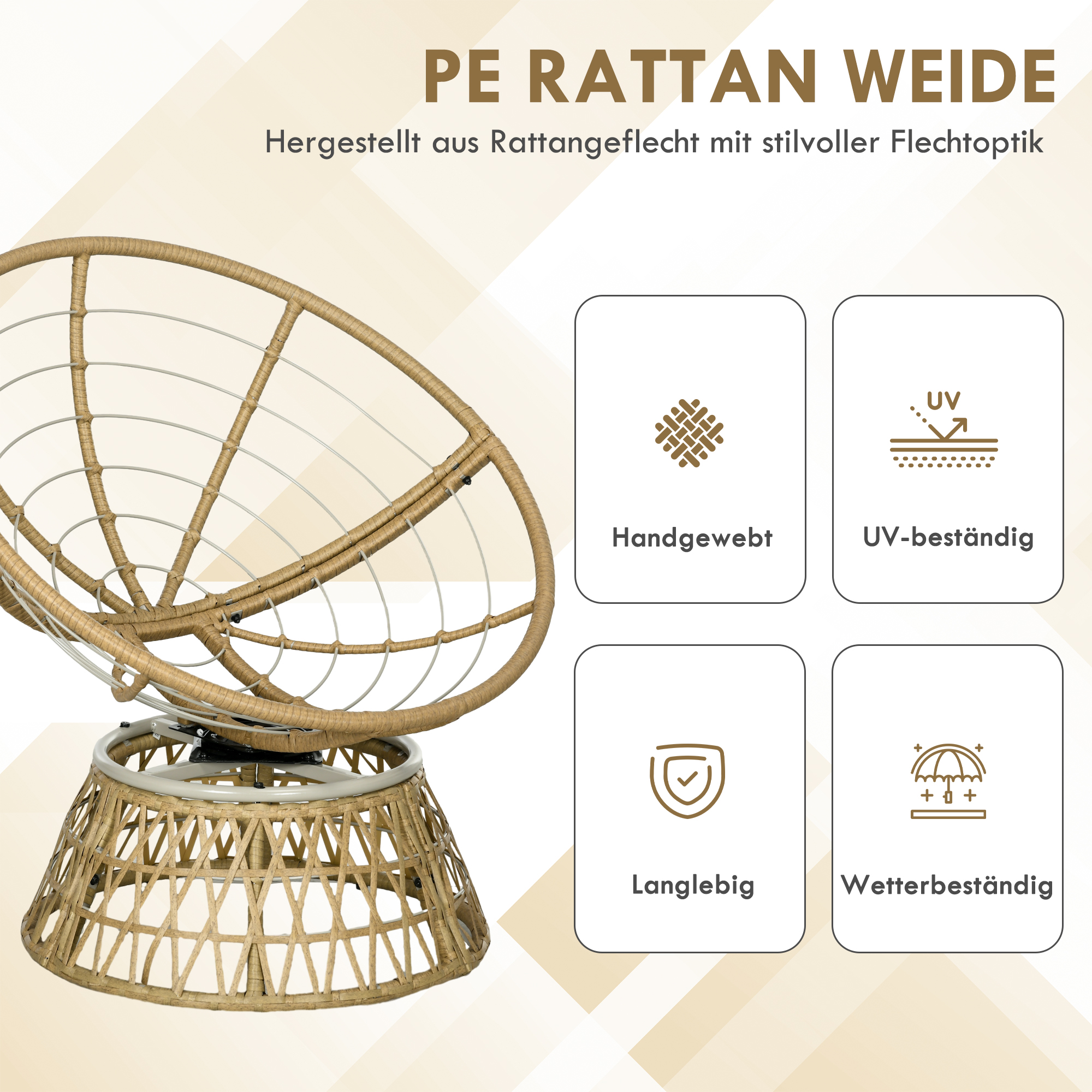 Korbsessel Rattansessel Outdoor-Sessel, Boho-Stil, wetterbeständig, 85 cm x 70 cm x 82 cm, Creme + Natur