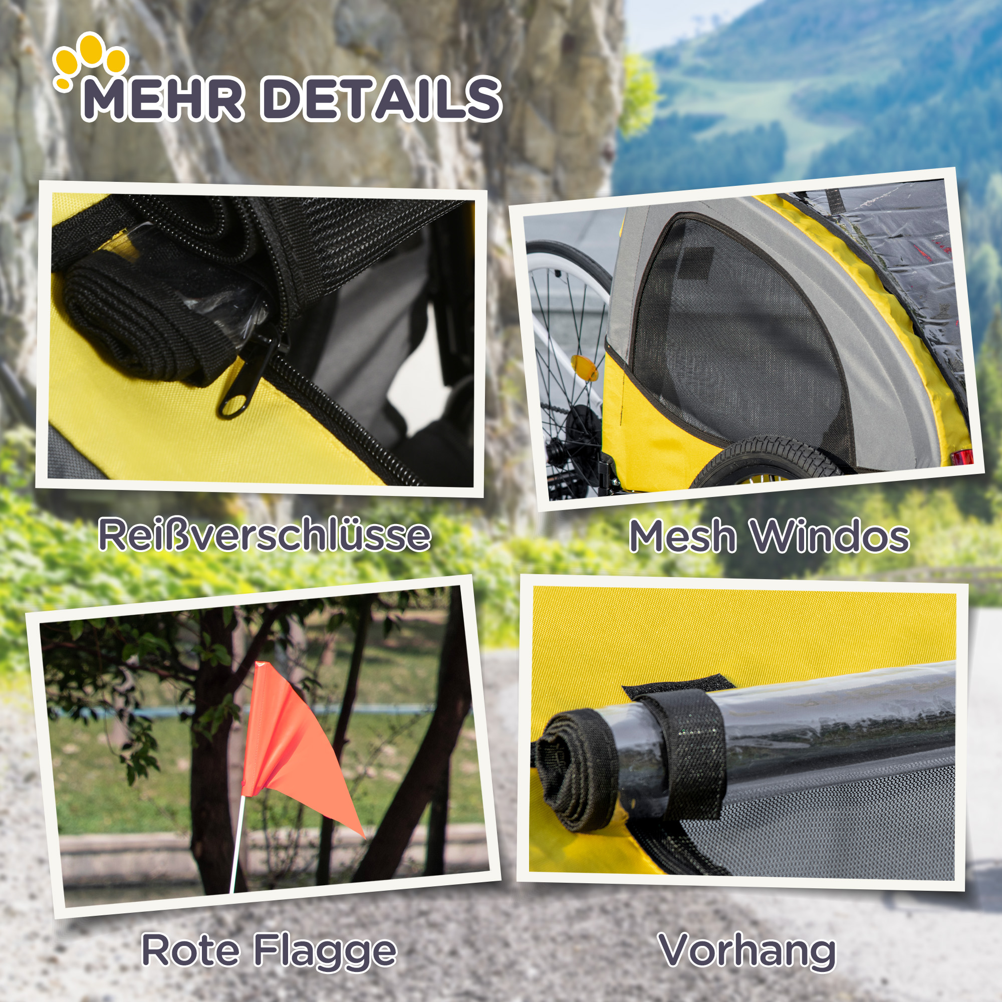Hundeanhänger bis 20kg Netzfenster aufrollbare Abdeckung Universalkupplung Stahlrahmen gelb 140 x 71 x 83 cm