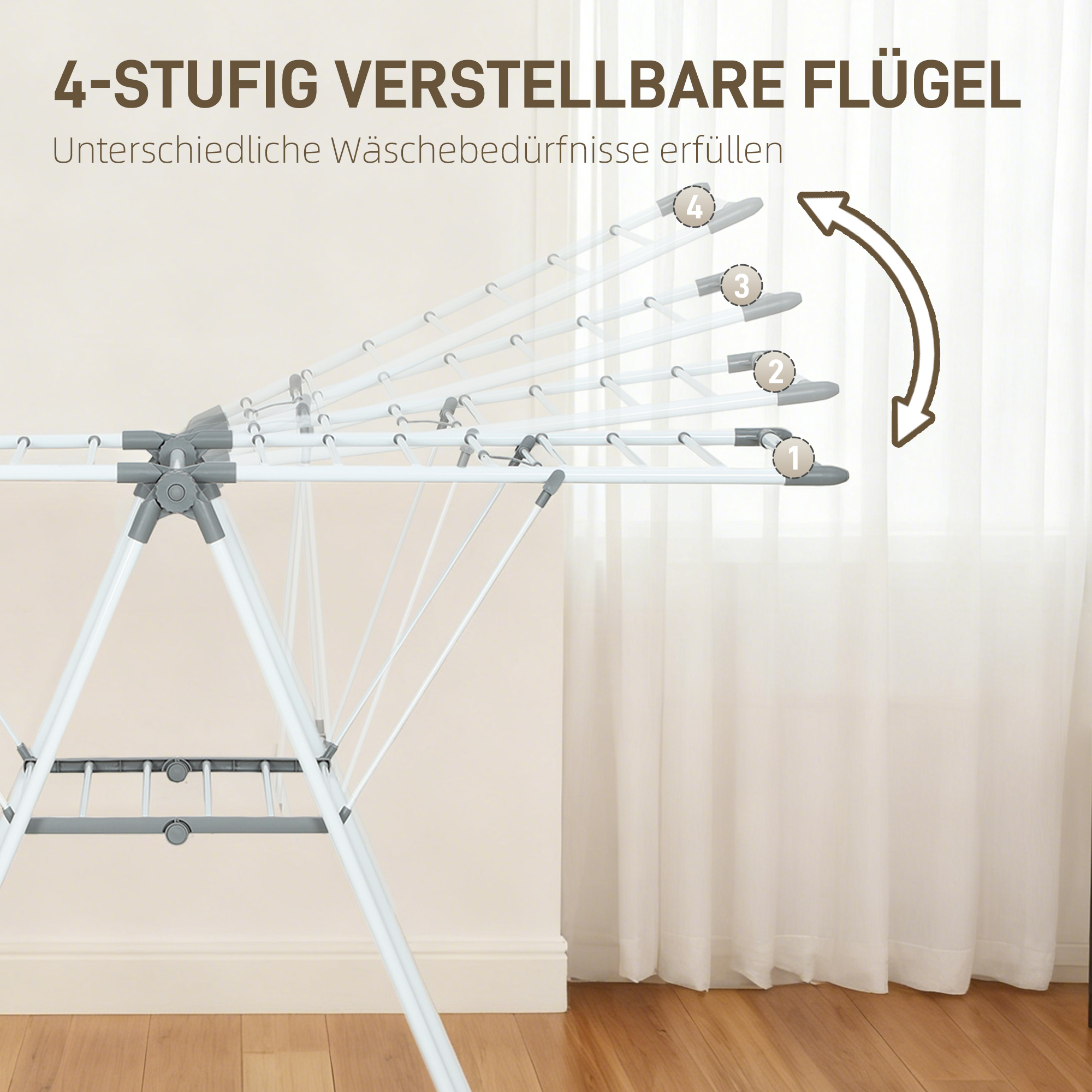 Wäscheständer 1,565 m Trockenlänge Faltbarer Standtrockner mit 2 Ebenen, verstellbare Flügel, Flügelwäscheständer, Weiß