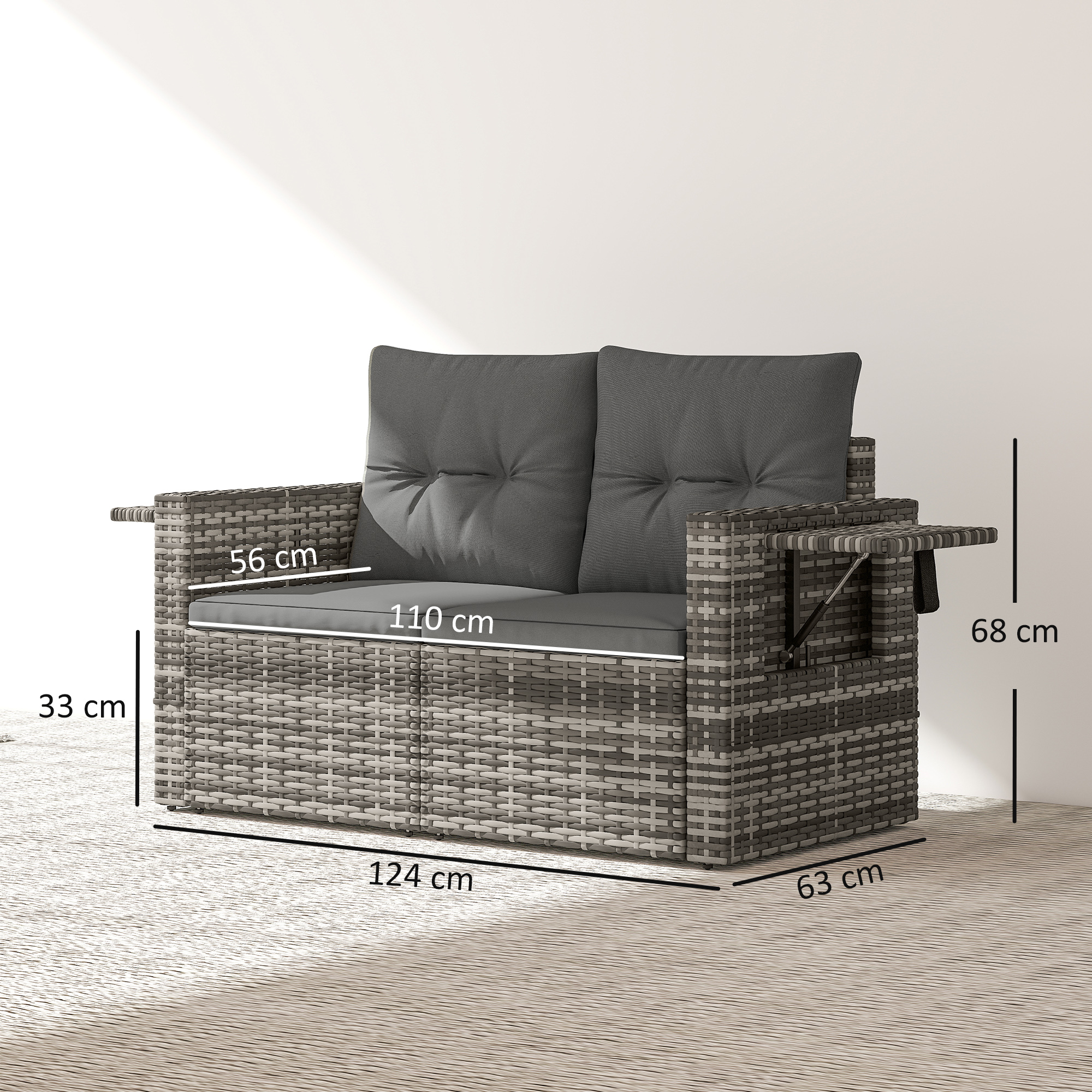 2-Sitzer Rattansofa mit Kissen Klappbar Seitentabletts Loungesofa Sitzgruppe Hellgrau