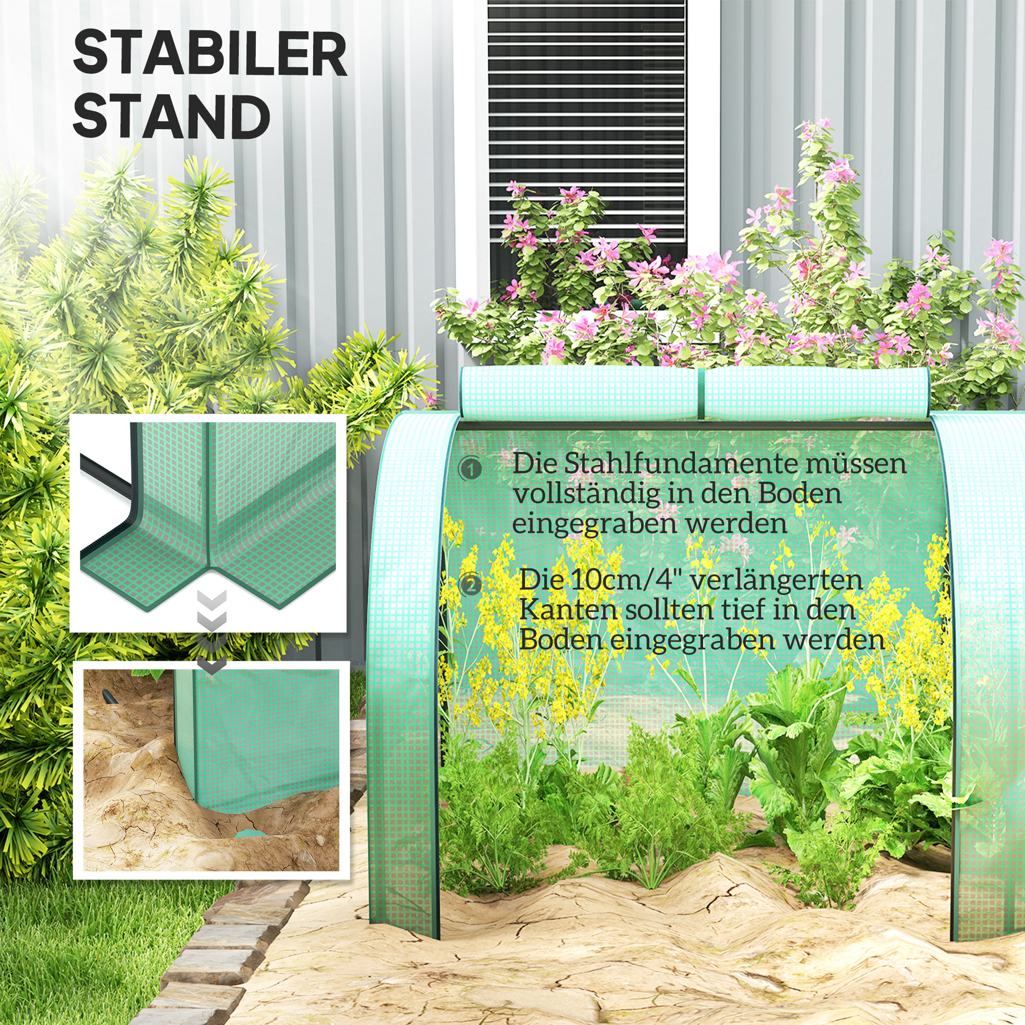 Tunnelgewächshaus, 4 Fenster mit Reißverschluss, Stahlrahmen, robuste Plane, 395 x 100 x 80 cm, Grün