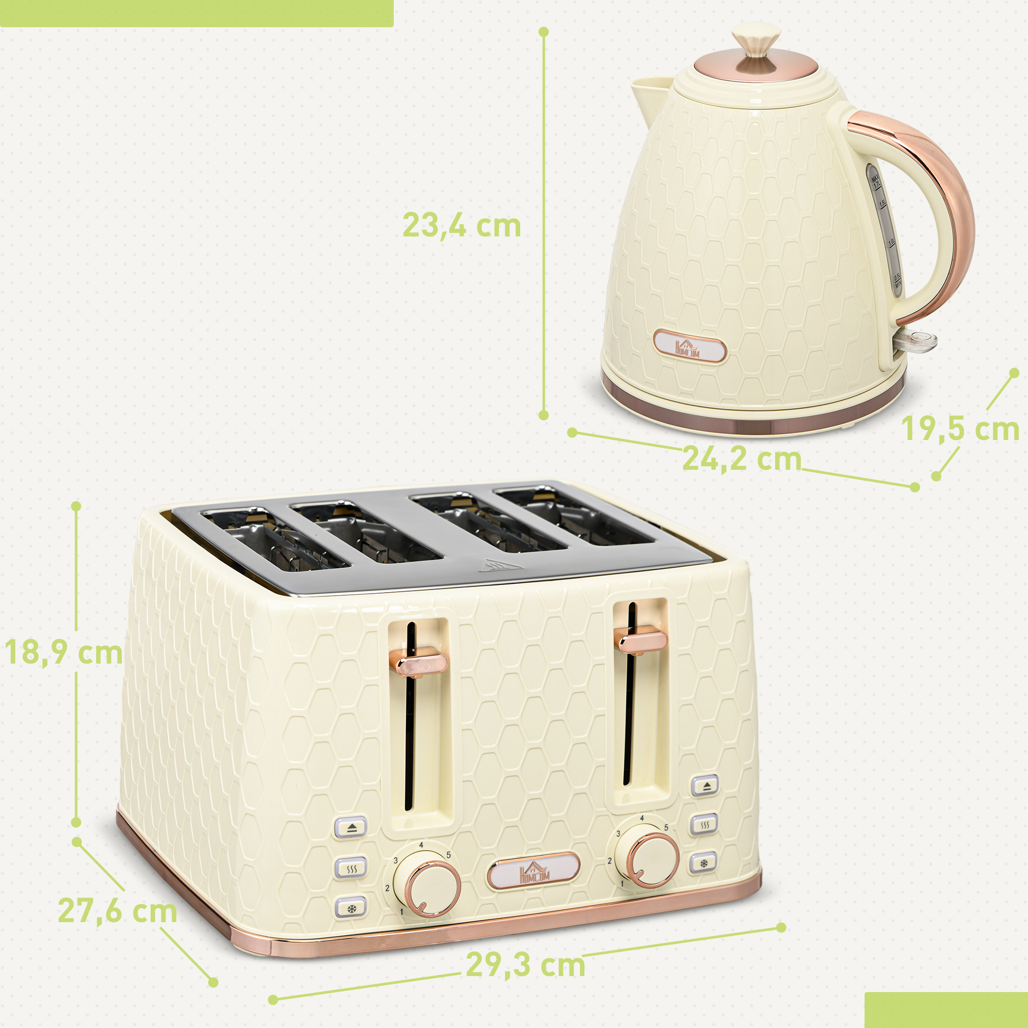 2-in-1 Küchenset, Toaster und Wasserkocher, mehrere Optionen, 1,7 L, 4 Toastscheiben gleichzeitig, Kunststoff, Beige
