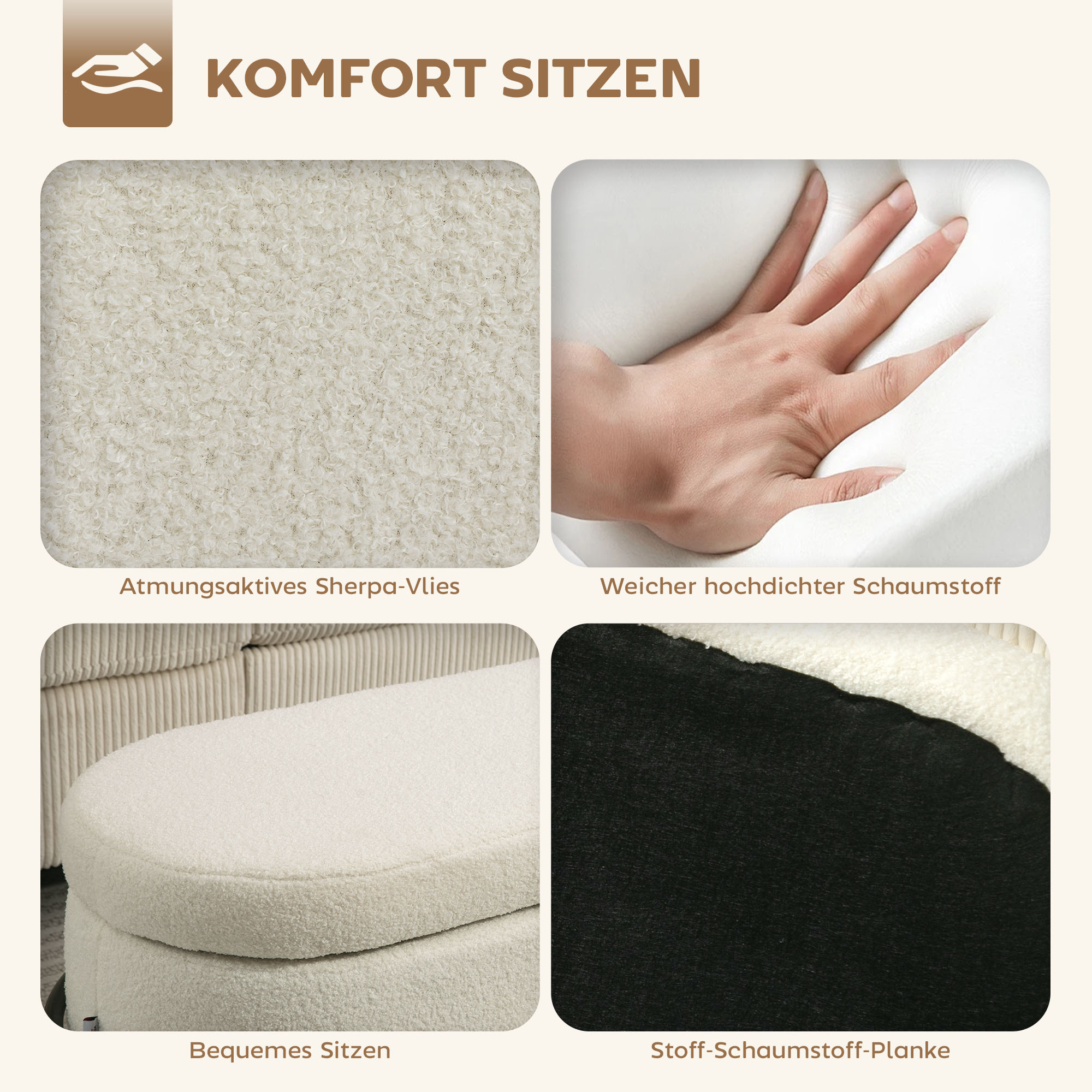 Aufbewahrungs-Hocker, Sitzhocker mit Deckel und Stauraum, Stahlbeine, Polsterhocker mit Fleece-Bezug, Cremeweiß