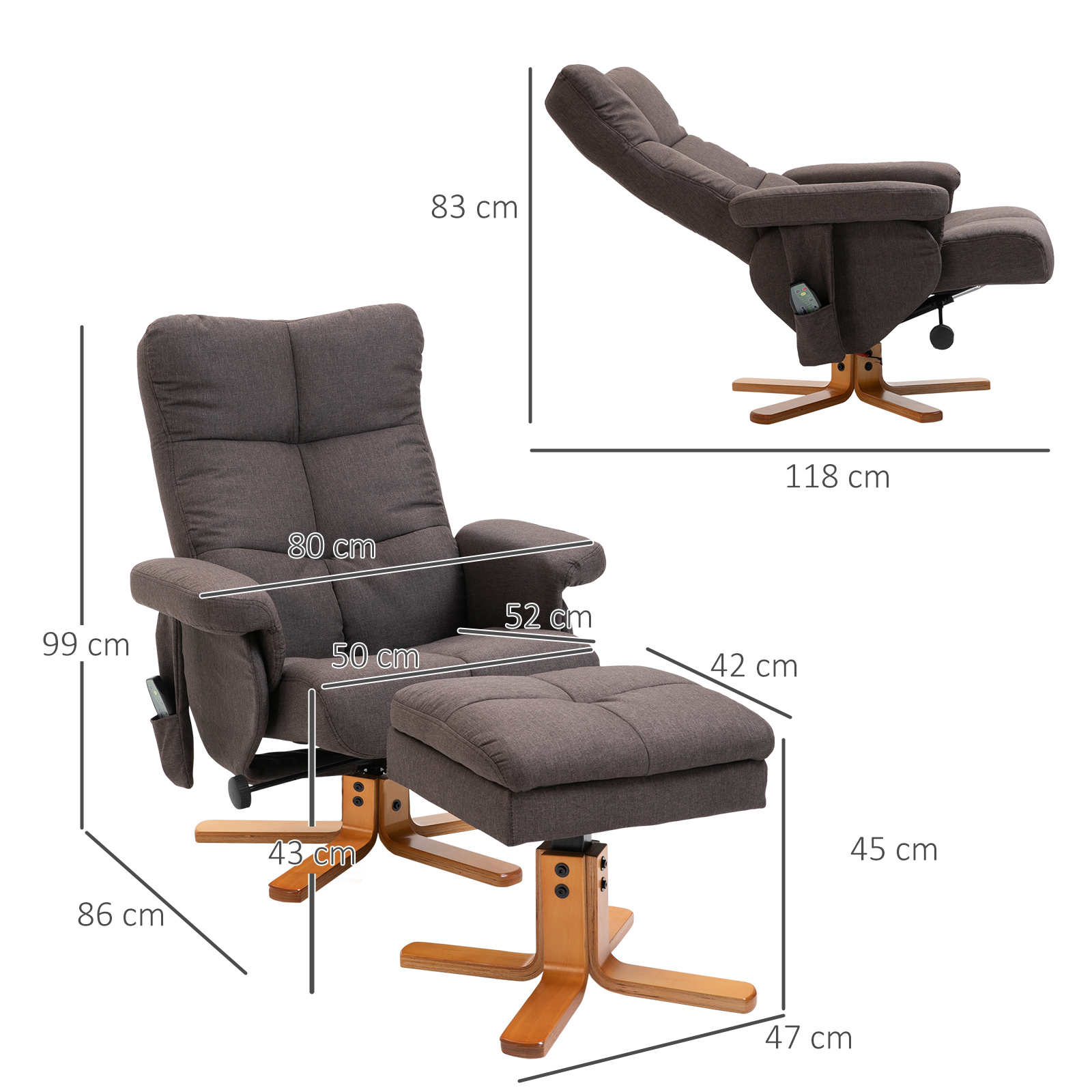 Relaxsessel mit Fußhocker, Stauraum, Elektrischer Massagesessel mit Liegefunktion, Drehbarer Fernsehsessel mit Seitentasche, Fernbedienung, Holzrahmen, Polyester, Braun