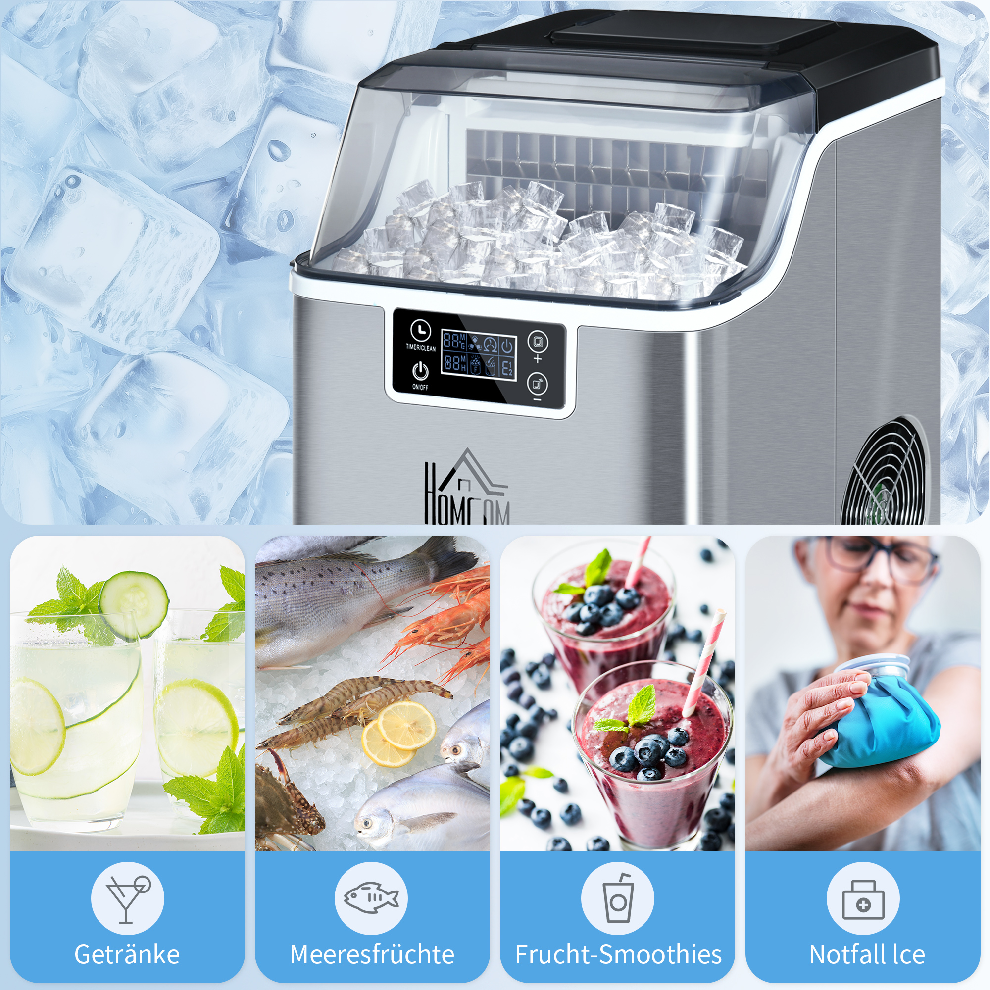 Eiswürfelmaschine Eiswürfelspender Ice-Maker 20kg/24h 2,3L Eiswürfelbereiter mit 3,2 L Wassertank, Silber