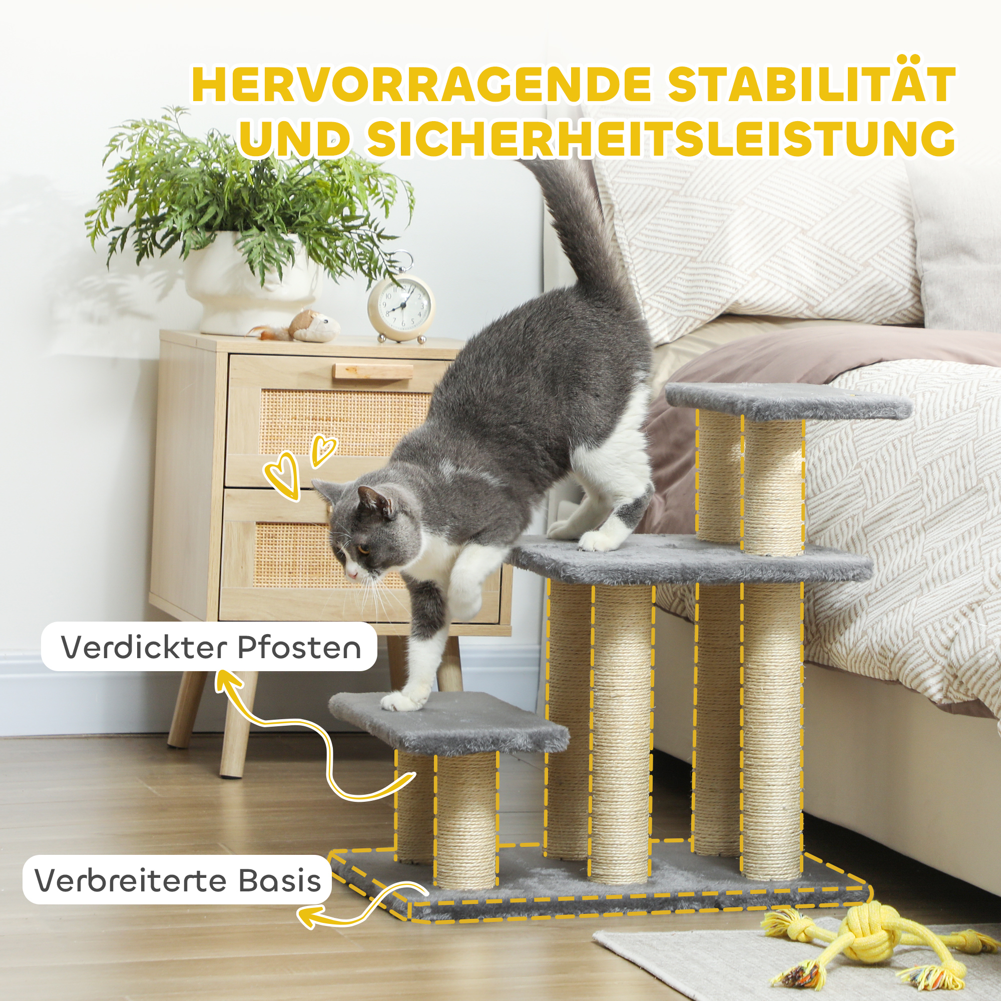 Hundetreppe 3 Stufen 54 cm Hoch Haustiertreppe für Kleine Hunde Katzentreppe mit Sisal Kratzbäumen, Spielball