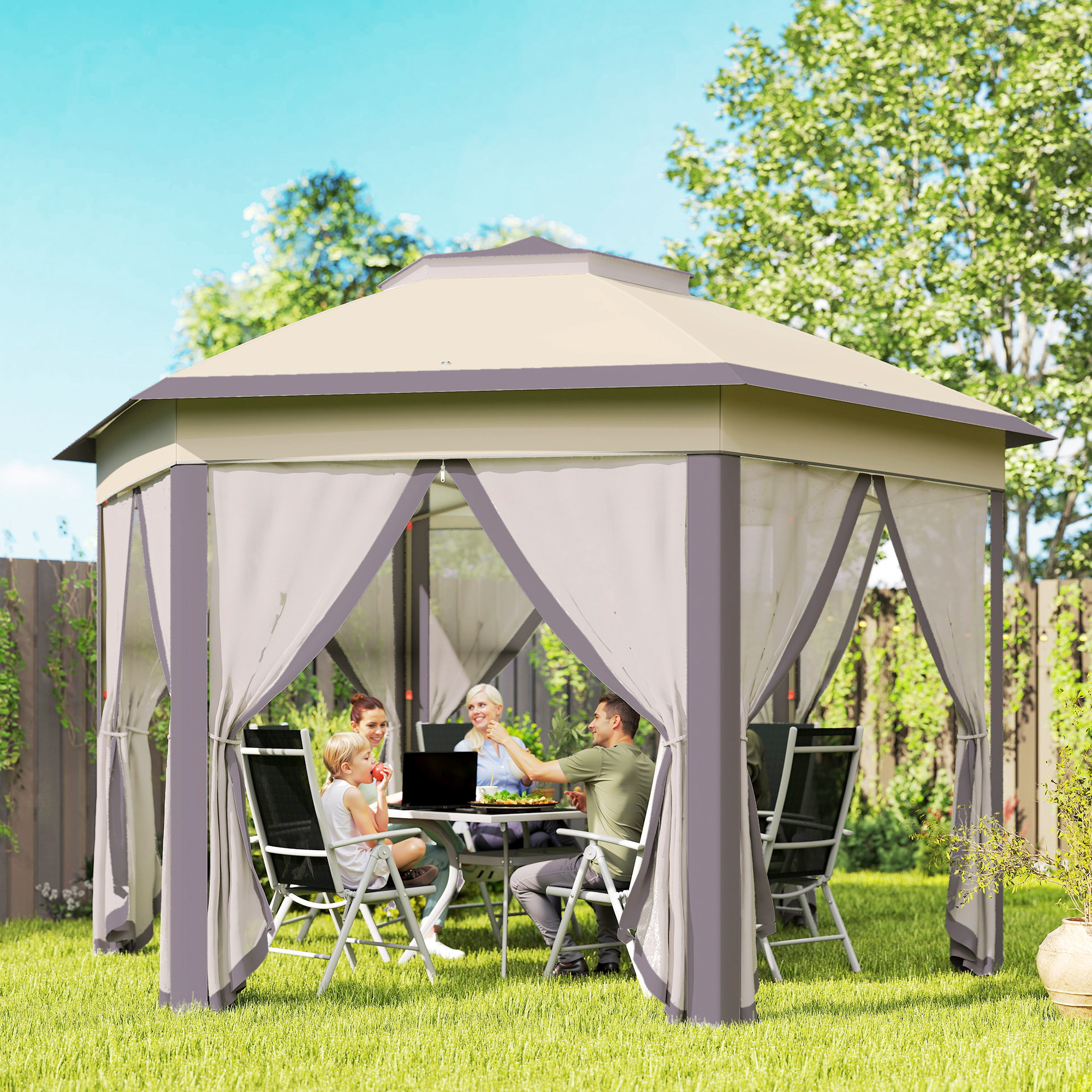 Pavillon 4x4m Wasserdicht Pop-up sechseckiger Faltpavillon, Doppeldach, Gartenpavillon mit 6 Seitenteilen, Partyzelt inkl. Tragetasche, für Garten, Terrasse, Festival, Kaffee+Beige