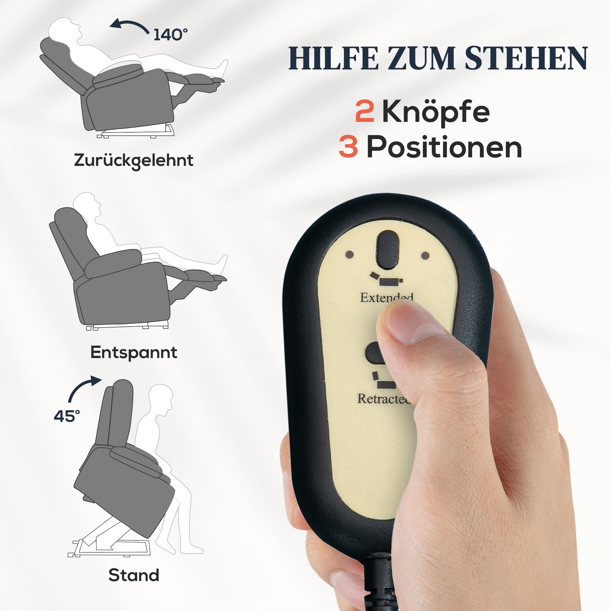 Aufstehsessel, Recliner-Sessel mit Aufstehhilfe, elektrischer Relaxsessel mit Fernbedienung, Seitentasche, Grau