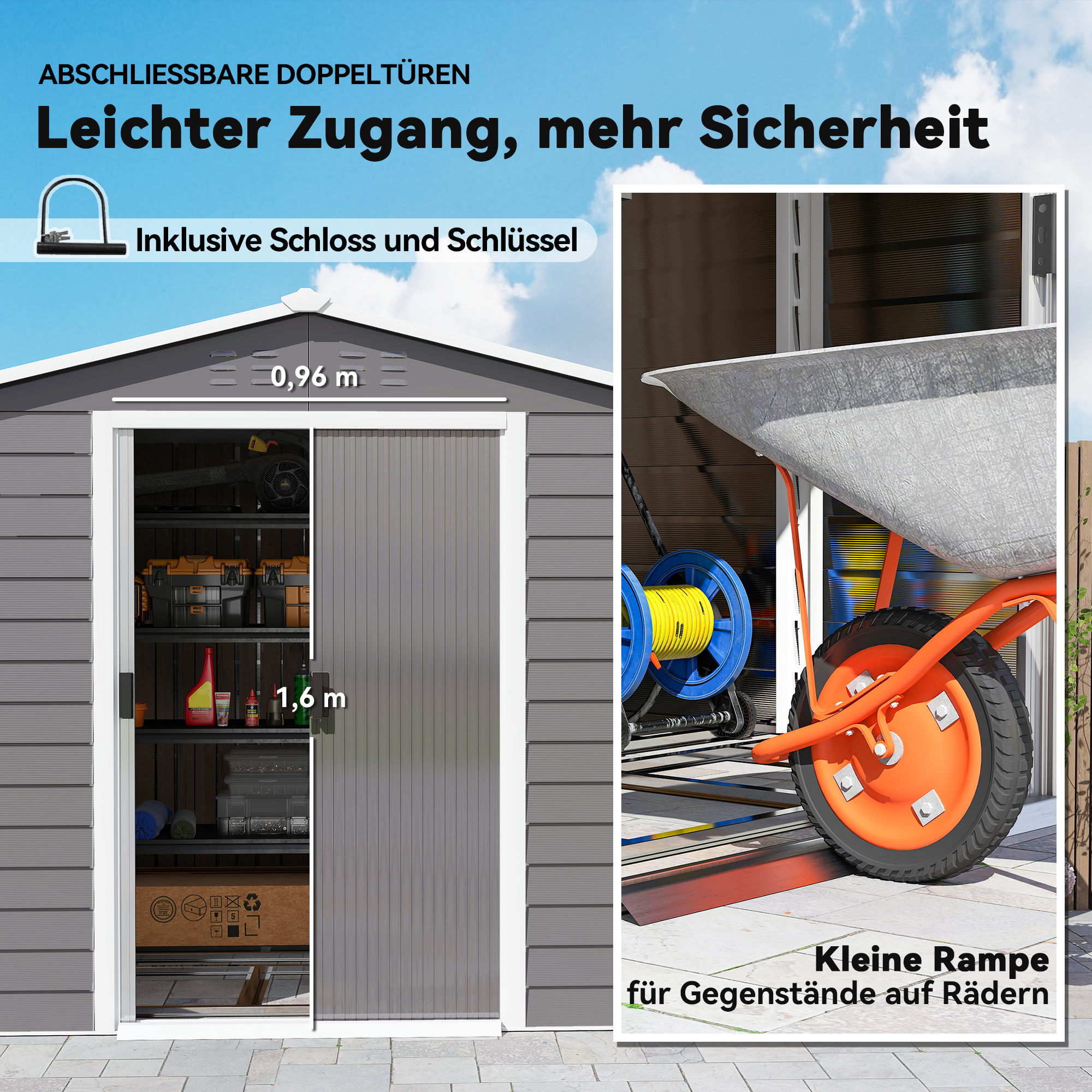 Geräteschuppen, aus Metall, wetterfest & rostfrei, abschließbar,  2,40 x 2,06 x 1,98 m, Hellgrau