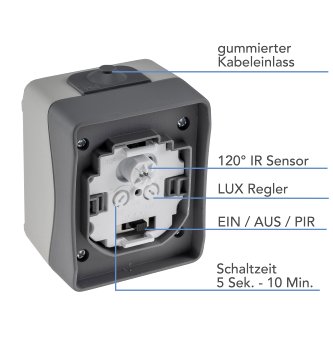 NUQUI Feuchtraum PIR Bewegungsmelder, 120°, bis 6m,  250V~, 2-500W, IP54