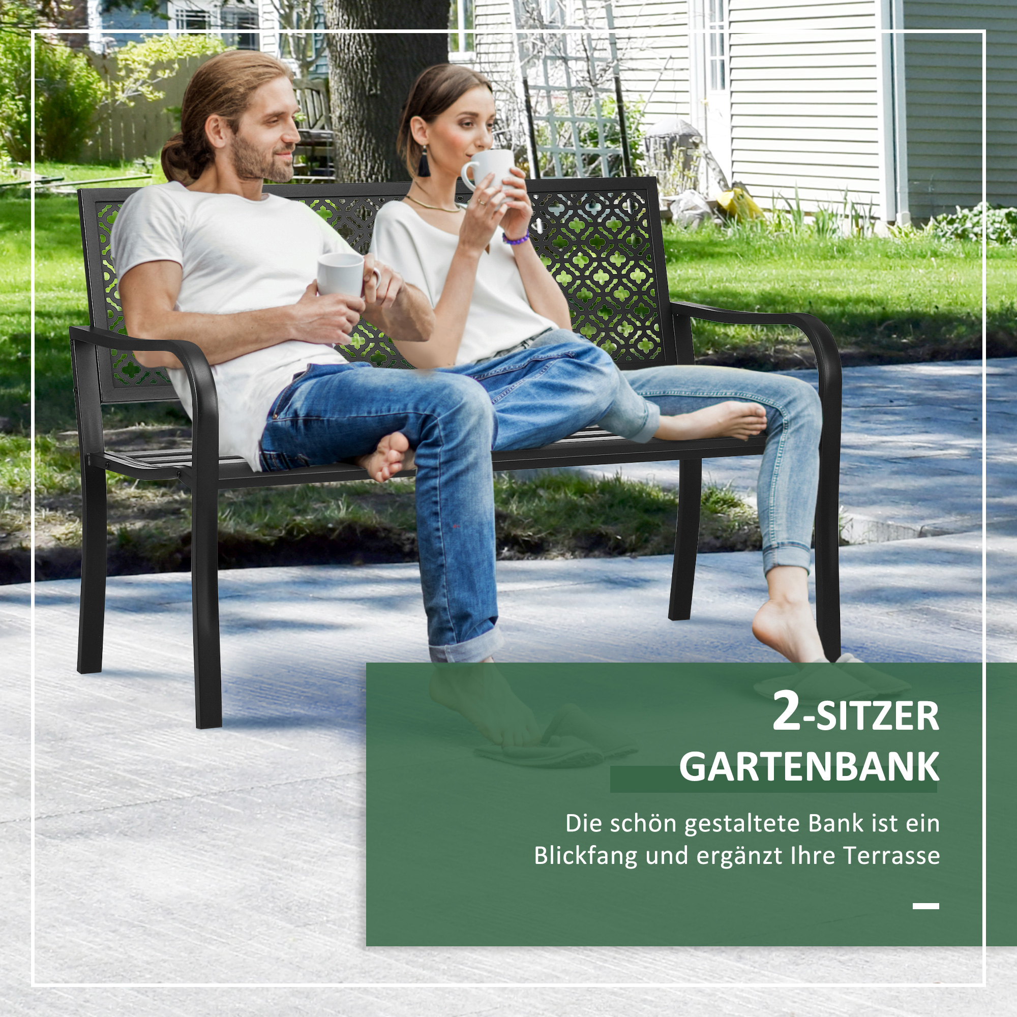 Gartenbank aus Metall, 2-Sitzer, Blumenmuster, wetterbeständig, 127 x 63 x 83cm, Schwarz