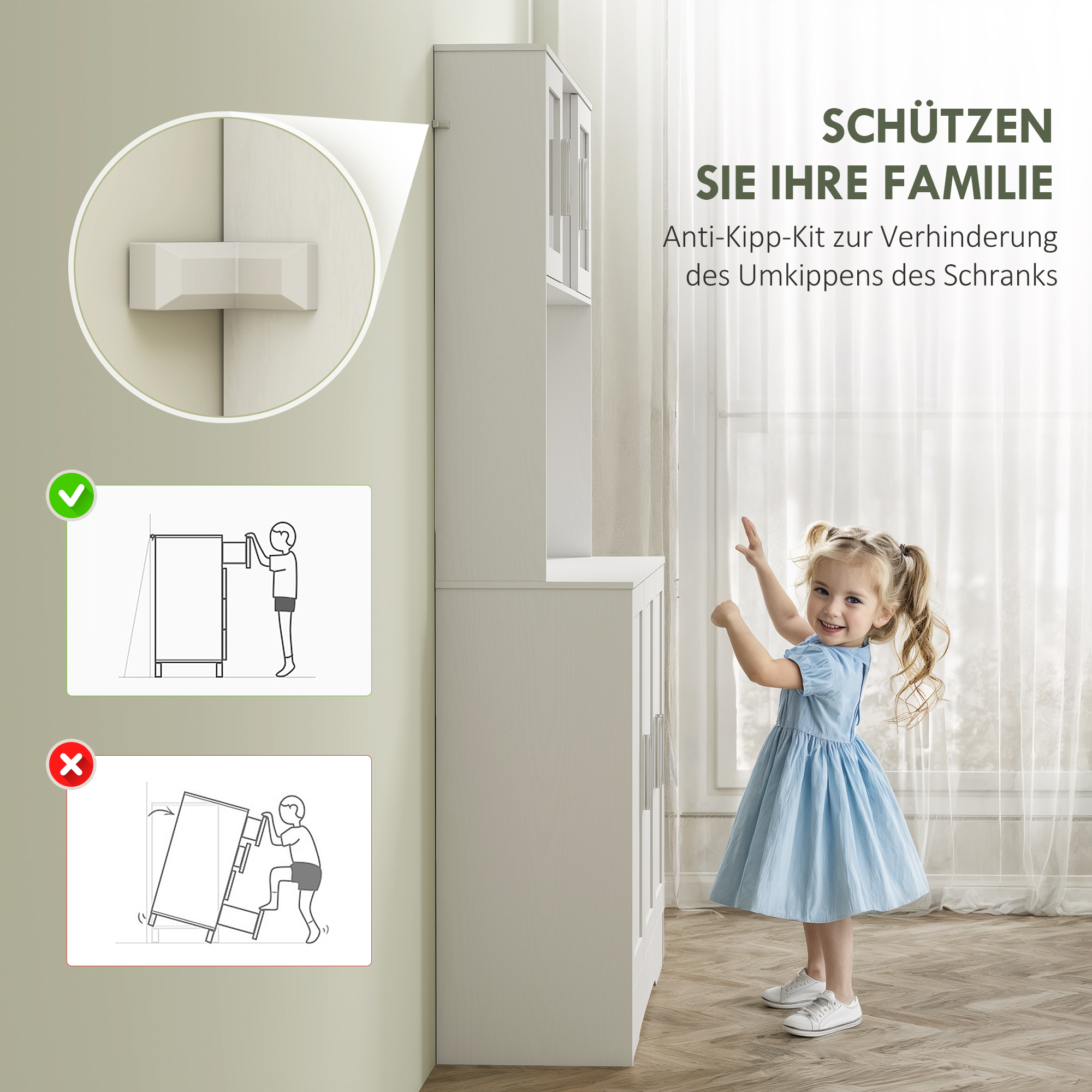 Küchenschrank, Skandinavisches Design, 4 Schränke, verstellbare Regale, Glastüren, offene Fläche, Spanplatte, MDF, Weiß