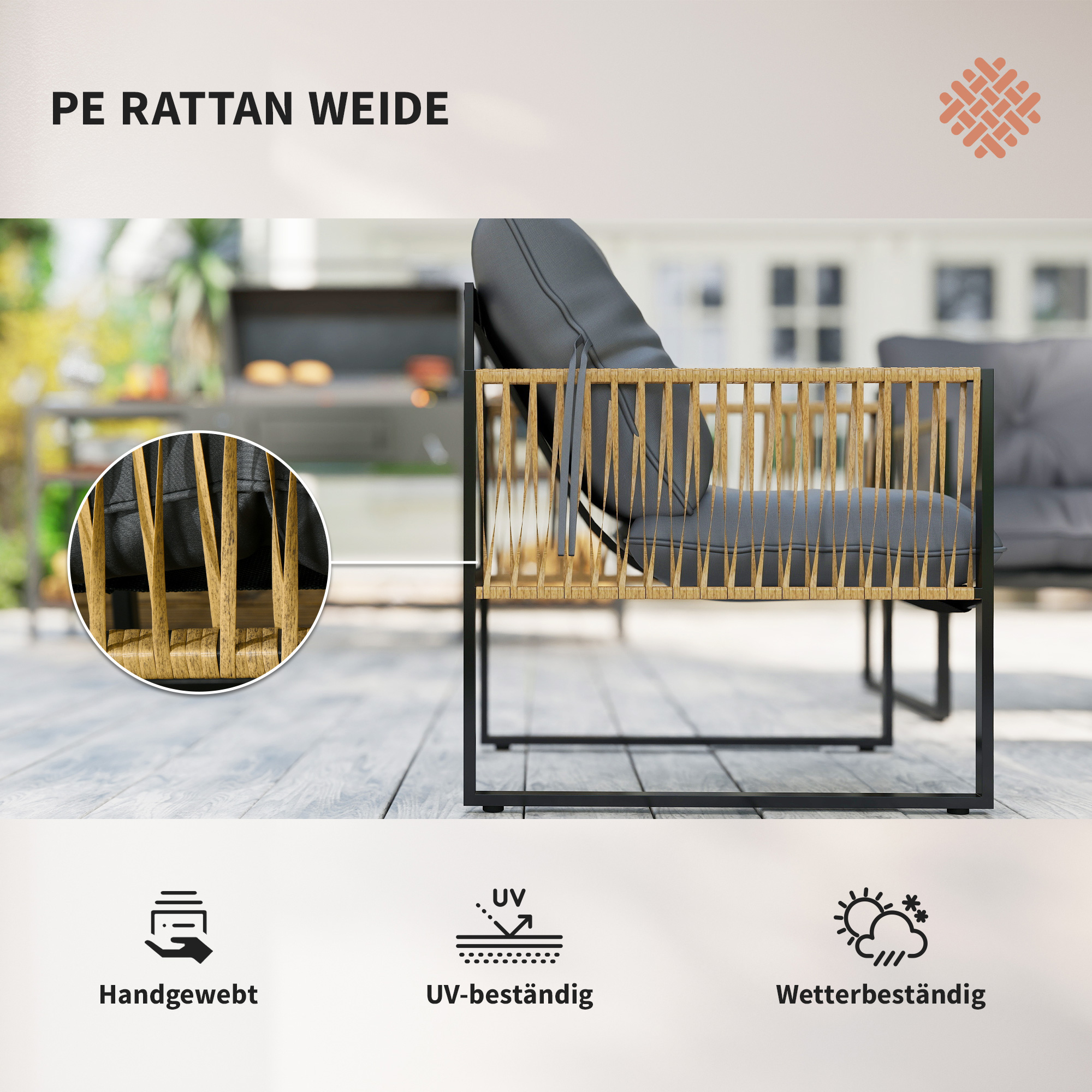 Gartenmöbel-Set, 4-teilig, Sofa, 2 Stühle, Tisch mit Glasplatte, Metallgestell, Polyrattan, Anthrazit