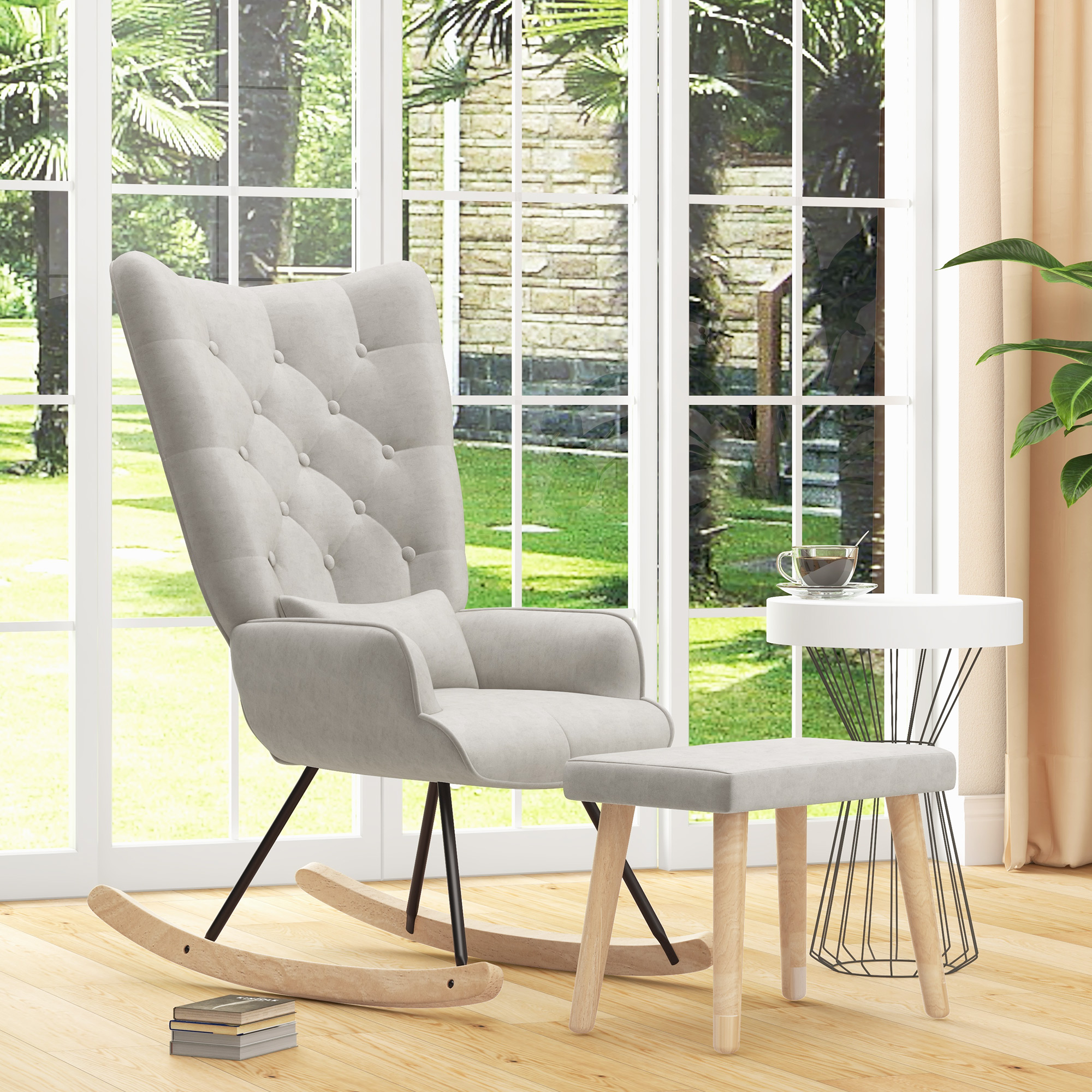 Schaukelsessel mit Hocker, gepolstert, hohe Rückenlehne, Samtoptik, bis 150 kg, Cremeweiß