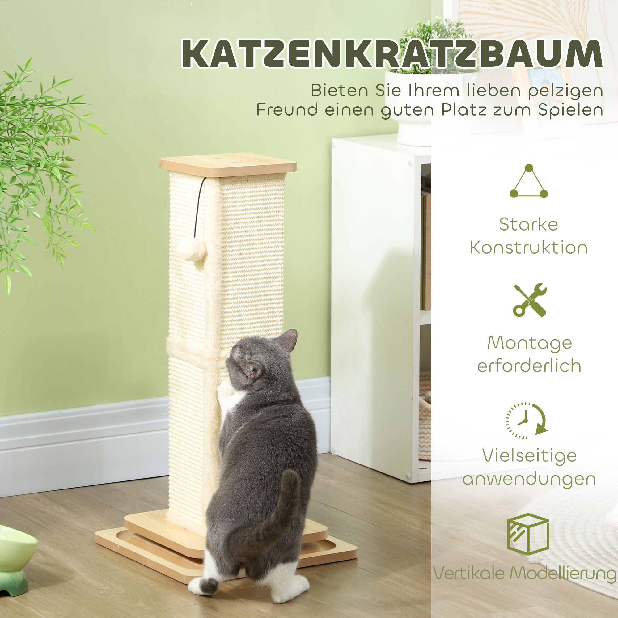 3-in-1-Kratzbaum mit Spielschiene, Spielball, Sisal, bis 5 kg, 34 x 34 x 67 cm, Eiche/Creme