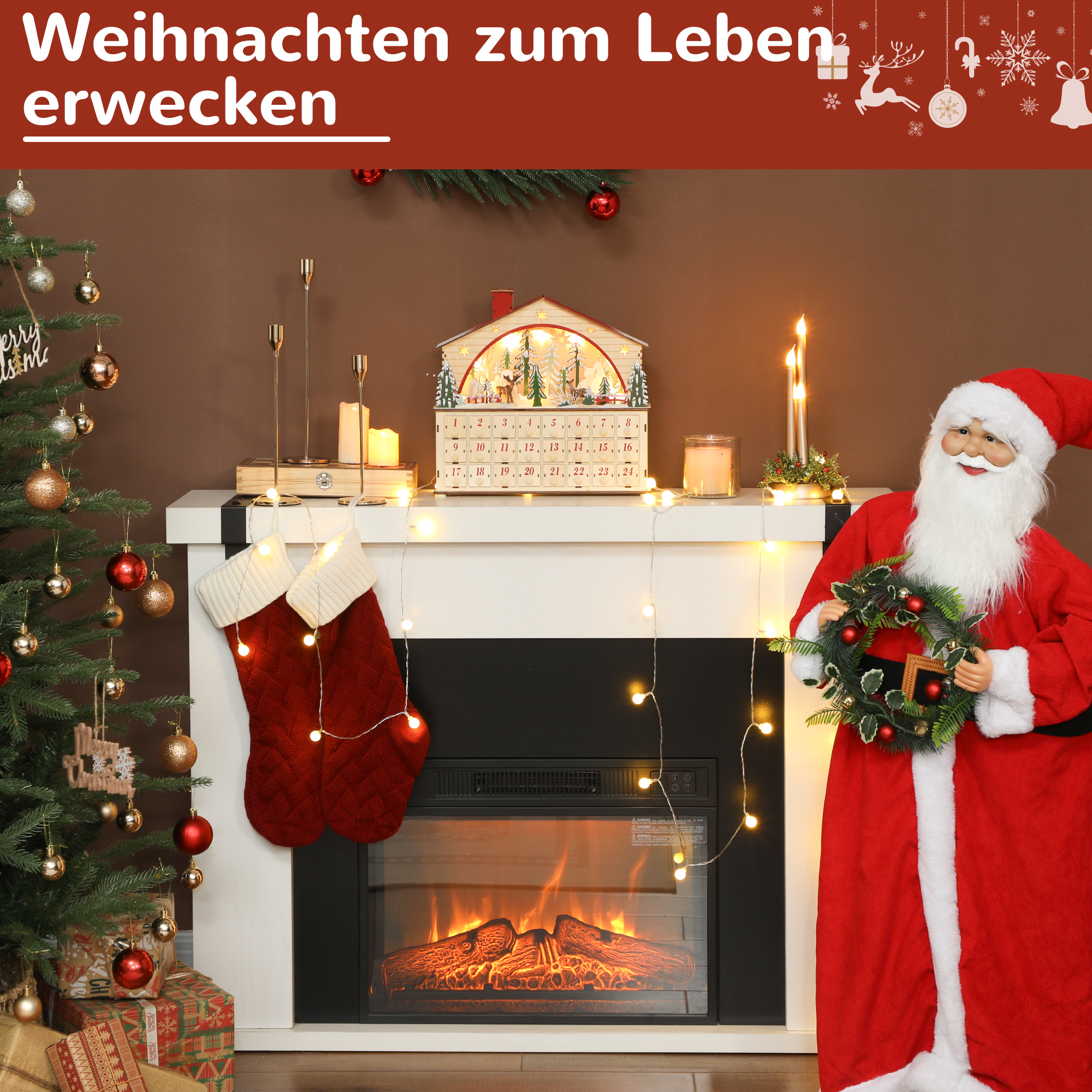 Adventskalender zum Befüllen 24 Schubladen Fächer Weihnachtskalender mit LED-Lichtern Naturholz 36 x 10 x 34 cm
