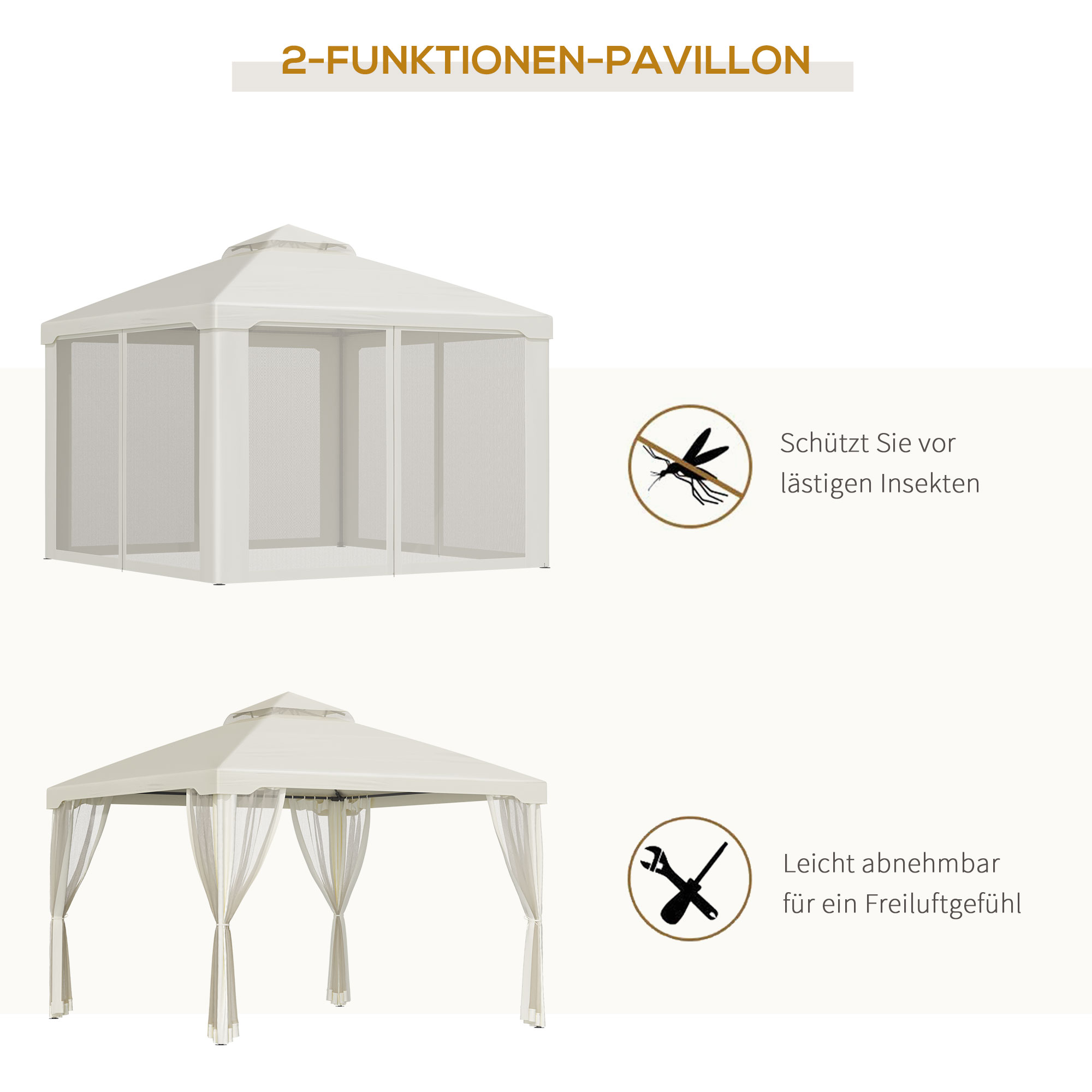 Pavillon mit Doppeldach, ca, 3x3 m Wasserdicht Stabil Winterfest Gartenpavillon mit Moskitonetz, Seitenteile, Garten-Pavillon aus Metall, für Garten, Terrasse, Cremeweiß