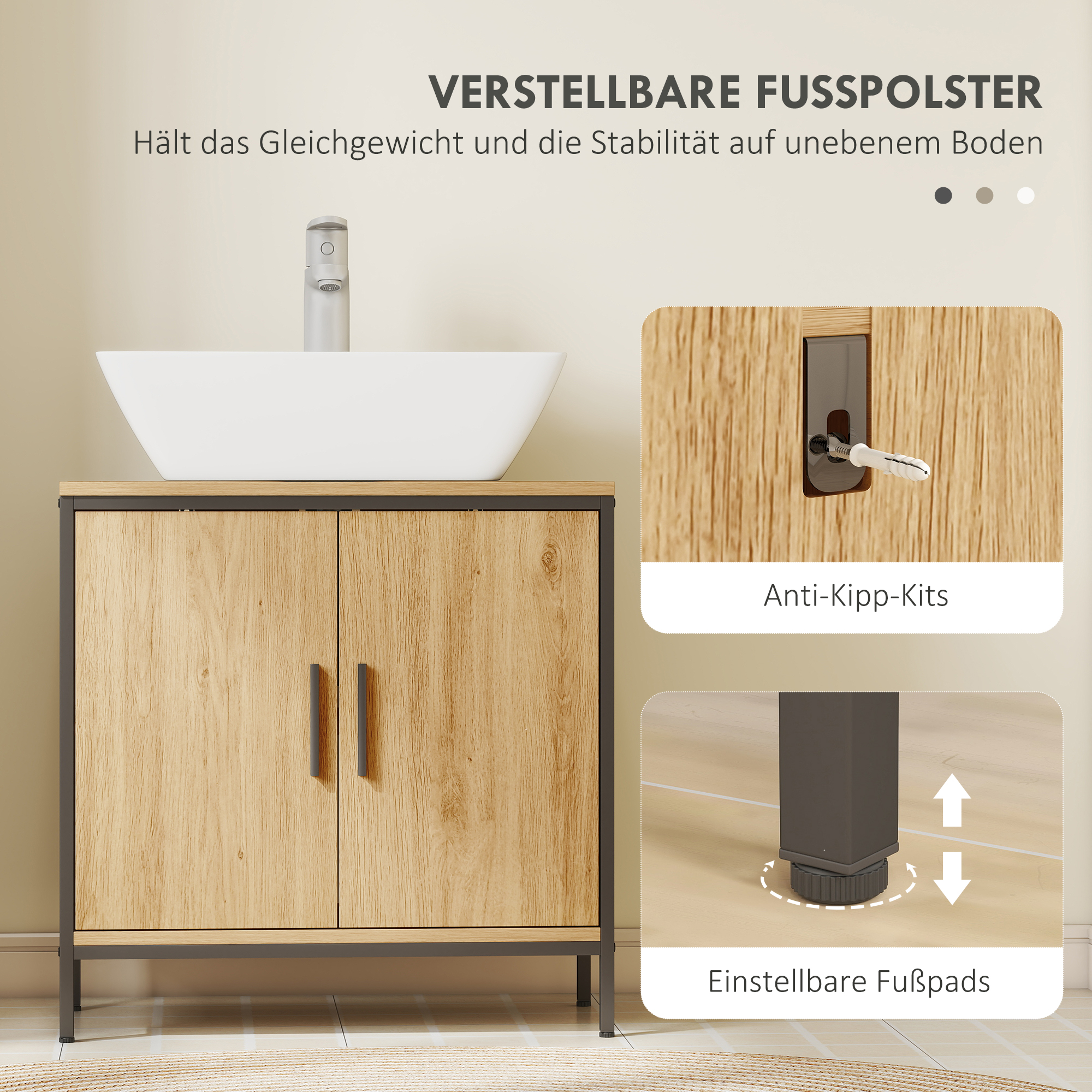 Waschbeckenunterschrank, Unterschrank mit 2 Türen, einstellbarem Regal, 60x30x60 cm Badezimmerschrank mit Stahlrahmen, für Waschbecken ohne Sockel, Eiche