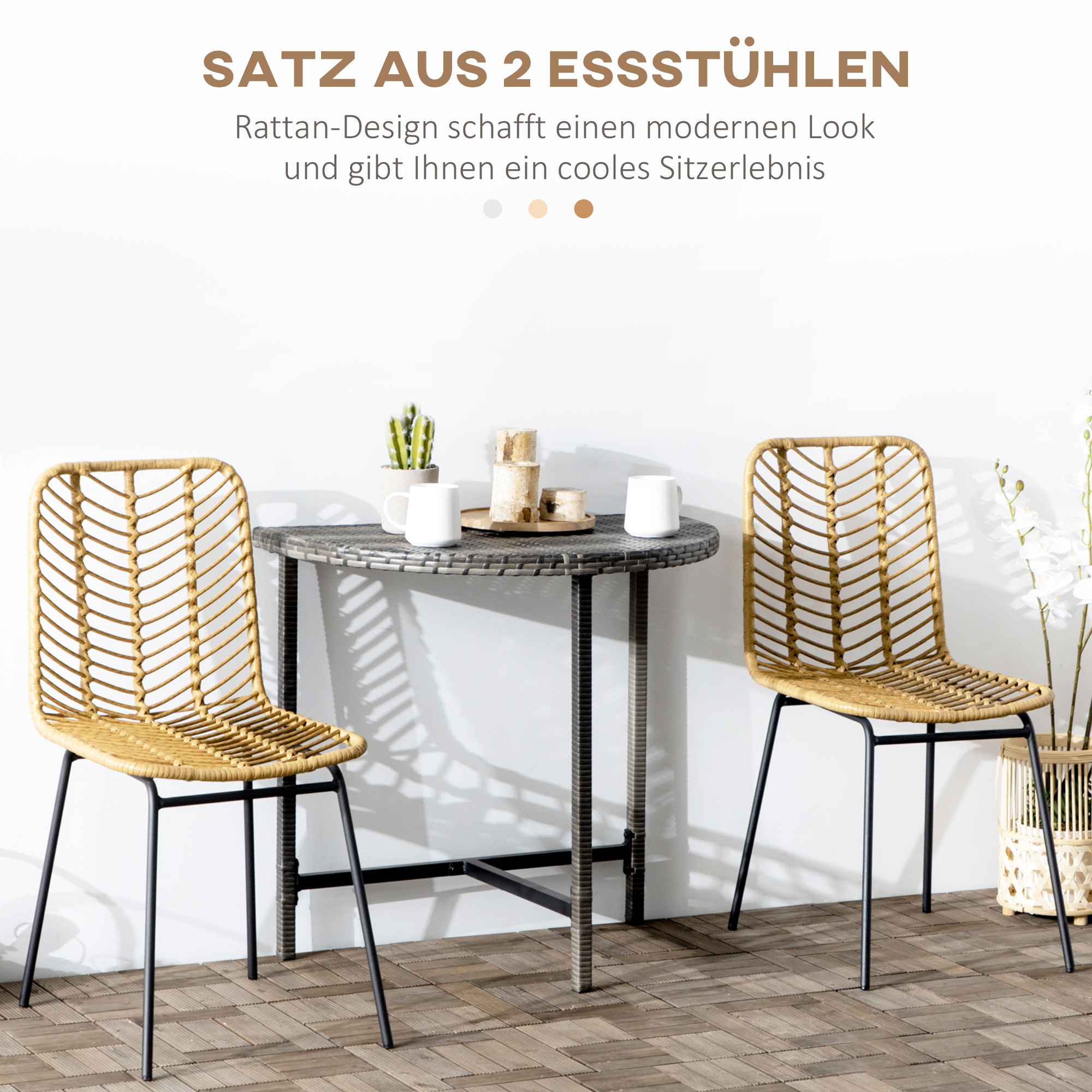 2er-Set Esszimmerstühle im Boho-Stil, Akzentstuhl, PE-Rattan, 44 cm x 58 cm x 85 cm, Natur + Gelb