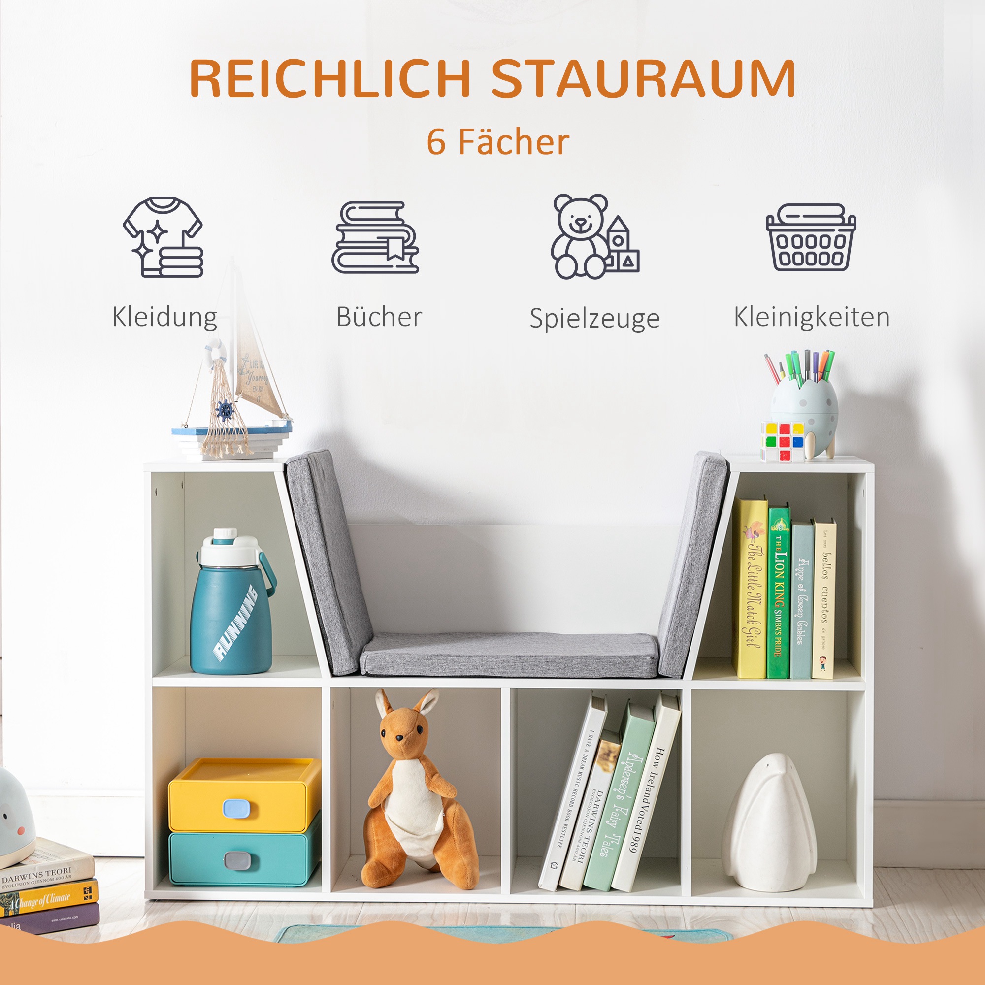 2-in-1 Kinderregal Regal + Sitzbank inkl. Polster 103 cm × 30 cm × 62 cm Weiß + Grau