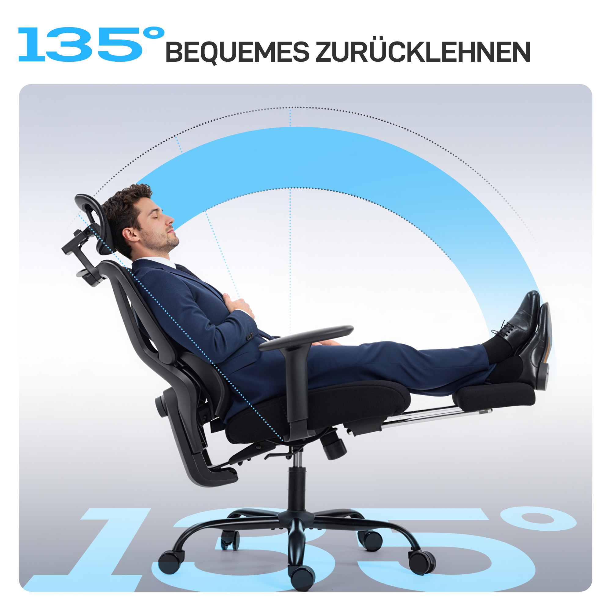 Ergonomischer Bürostuhl mit Rollen, Netzstoff, Lendenstütze, Computerstuhl mit Armlehnen, verstellbare Kopfstütze