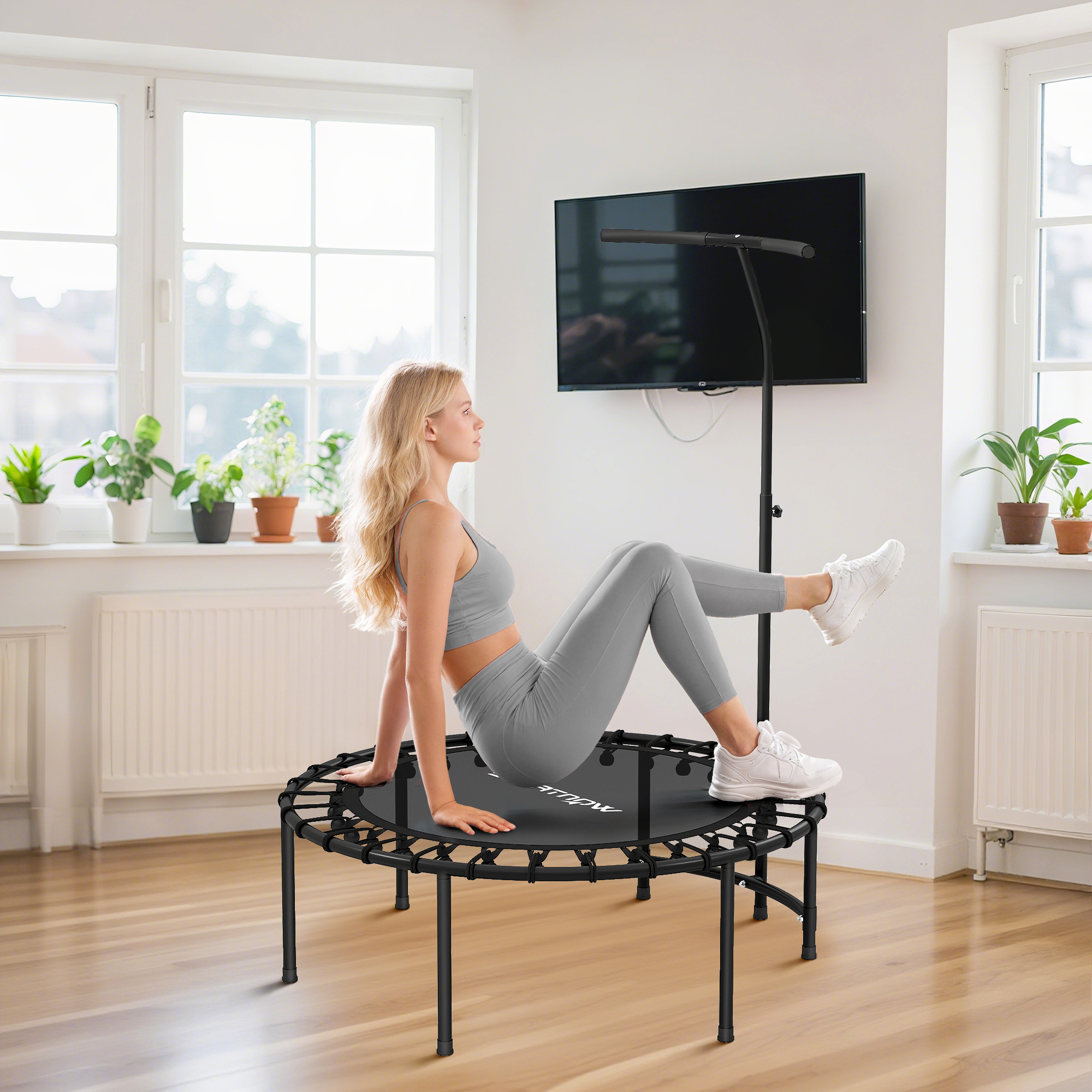 Rebounder-Trampolin, 5-stufig verstellbarer Griff, Workout-Trampolin, Schwarz