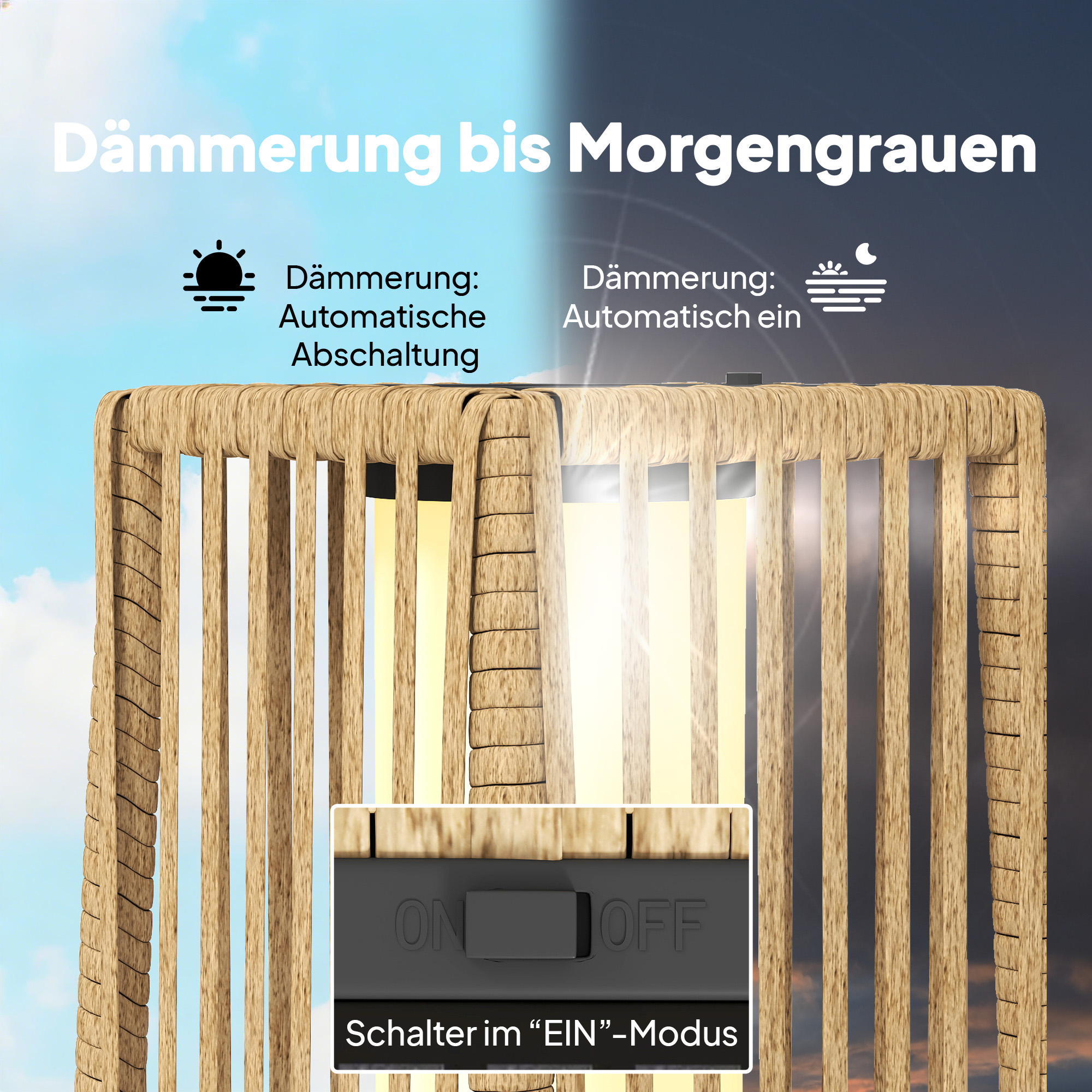 Solar Stehlampe Rattan Solarlampen mit Lichtsensor Automatische LED Solarleuchte im Boho-Stil IP44