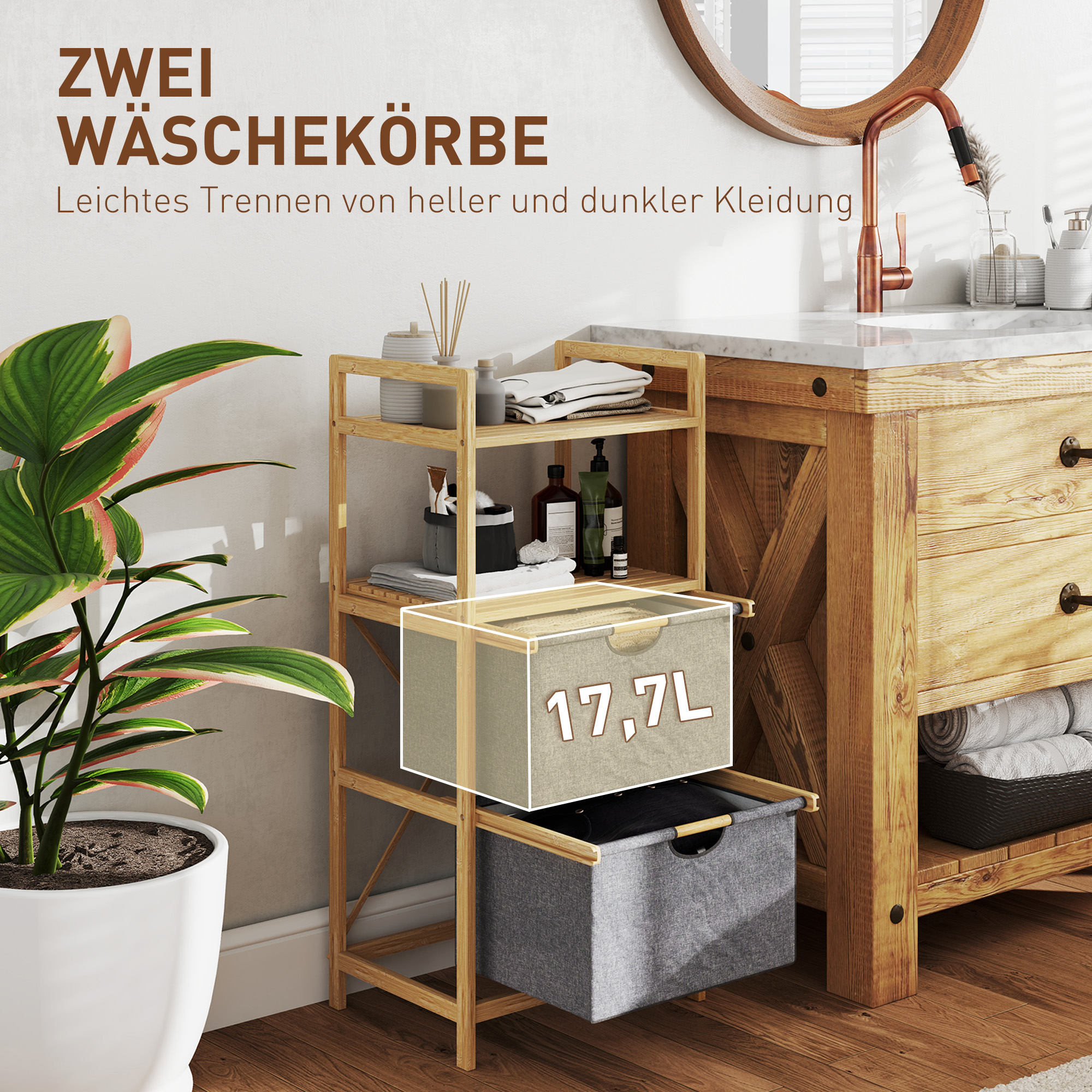 Bambus-Wäscheregal, mit 2 Wäschekörben aus Stoff, offene Ablagen, platzsparend, Naturholz